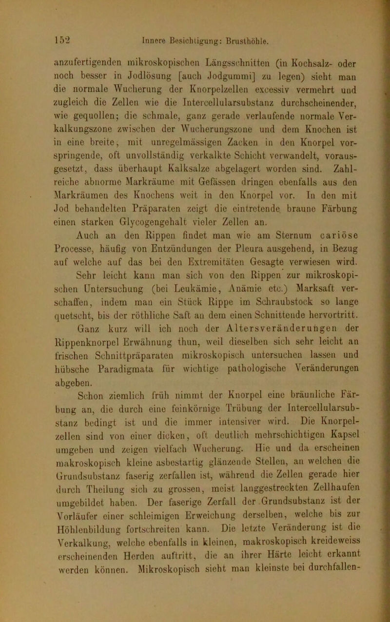 anzufertigenden mikroskopischen Längsschnitten (in Kochsalz- oder noch besser in Jodlösung [auch Jodgurumi] zu legen) sieht man die normale Wucherung der Knorpelzellen excessiv vermehrt und zugleich die Zellen wie die Intercellularsubstanz durchscheinender, wie gequollen; die schmale, ganz gerade verlaufende normale Ver- kalkungszone zwischen der Wucherungszone und dem Knochen ist in eine breite, mit unregelmässigen Zacken in den Knorpel vor- springende, oft unvollständig verkalkte Schicht verwandelt, voraus- gesetzt, dass überhaupt Kalksalze abgelagert worden sind. Zahl- reiche abnorme Markräume mit Gefässen dringen ebenfalls aus den Markräumen des Knochens weit in den Knorpel vor. In den mit Jod behandelten Präparaten zeigt die eintretende braune Färbung einen starken Glycogengehalt vieler Zellen an. Auch an den Rippen findet man wie am Sternum cariöse Processe, häufig von Entzündungen der Pleura ausgehend, in Bezug auf welche auf das bei den Extremitäten Gesagte verwiesen wird. Sehr leicht kann man sich von den Rippen zur mikroskopi- schen Untersuchung (bei Leukämie, Anämie etc.) Marksaft ver- schaffen, indem man ein Stück Rippe im Schraubstock so lange quetscht, bis der röthliche Saft an dem einen Schnittende hervortritt. Ganz kurz will ich noch der Altersveränderungen der Rippenknorpel Erwähnung thun, weil dieselben sich sehr leicht an frischen Schnittpräparaten mikroskopisch untersuchen lassen und hübsche Paradigmata für wichtige pathologische Veränderungen abgeben. Schon ziemlich früh nimmt der Knorpel eine bräunliche Fär- bung an, die durch eine feinkörnige Trübung der Intercellularsub- stanz bedingt ist und die immer intensiver wird. Die Knorpcl- zellen sind von einer dicken, oft deutlich mehrschichtigen Kapsel umgeben und zeigen vielfach Wucherung. Hie und da erscheinen makroskopisch kleine asbestartig glänzende Stellen, an welchen die Grundsubstanz faserig zerfallen ist, während die Zellen gerade hier durch Theilung sich zu grossen, meist langgestreckten Zell häufen umgebildet haben. Der faserige Zerfall der Grundsubstanz ist der Vorläufer einer schleimigen Erweichung derselben, welche bis zur Höhlenbildung fortschreiten kann. Die letzte Veränderung ist die Verkalkung, welche ebenfalls in kleinen, makroskopisch kreideweiss erscheinenden Herden aultritt, die an ihrer Härte leicht erkannt werden können. Mikroskopisch sieht man kleinste bei durchfallen-