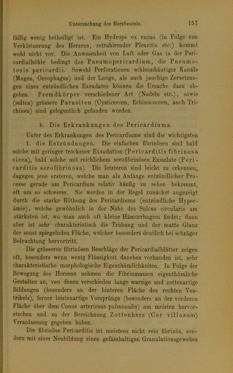 fällig wenig betheiligt ist. Ein Hydrops ex vacuo (in Folge von Verkleinerung des Herzens, retrahirender Pleuritis etc.) kommt wohl nicht vor. Die Anwesenheit von Luft oder Gas in der Peri- cardialhöhle bedingt das Pneumopericardium, die Pneumo- tosis pericardii. Sowohl Perforationen schleimhäutiger Kanäle (Magen, Oesophagus) und der Lunge, als auch jauchige Zersetzun- gen eines entzündlichen Exsudates können die Ursache dazu ab- geben. Fremdkörper verschiedener Art (Nadeln etc.), sowie (selten) grössere Parasiten (Cysticercen, Echinococcen, auch Tri- chinen) sind gelegentlich gefunden worden. b. Die Erkrankungen des Pericardiums. Unter den Erkrankungen des Pericardiums sind die wichtigsten 1. die Entzündungen. Die einfachen fibrinösen sind bald solche mit geringer trockener Exsudation (Pericarditis fibrinosa sicca), bald solche mit reichlichem serofibrinösen Exsudate (Peri- carditis sero fibrinosa). Die letzteren sind leicht zu erkennen, dagegen jene ersteren, welche man als Anfänge entzündlicher Pro- cesse gerade am Pericardium relativ häufig zu sehen bekommt, oft um so schwerer. Sie werden in der Regel zunächst angezeigt durch die starke Röthung des Pericardiums (entzündliche Hyper- ämie), welche gewöhnlich in der Nähe des Sulcus circularis am stärksten ist, wo man auch oft kleine Hämorrhagien findet; dann aber ist sehr charakteristisch die Trübung und der matte Glanz der sonst spiegelnden Fläche, welcher besonders deutlich bei schräger Beleuchtung hervortritt. Die grösseren fibrinösen Beschläge der Pericardialblätter zeigen oft, besonders wenn wenig Flüssigkeit daneben vorhanden ist, sehr charakteristische morphologische Eigenthümlichkeiten. In Folge der Bewegung des Herzens nehmen die Fibrinmassen eigentümliche Gestalten an, von denen verschieden lange warzige und zottenartige Bildungen (besonders an der hinteren Fläche des rechten Ven- trikels), ferner leistenartige Vorsprünge (besonders an der vorderen Fläche über dem Conus arteriosus pulmonalis) am meisten hervor- stechen und zu der Bezeichnung Zottenherz (Cor villosum) Veranlassung gegeben haben. Die fibrinöse Pericarditis ist meistens nicht rein fibrinös, son- dern mit einer Neubildung eines gefässhaltigen Granulationsgewebes