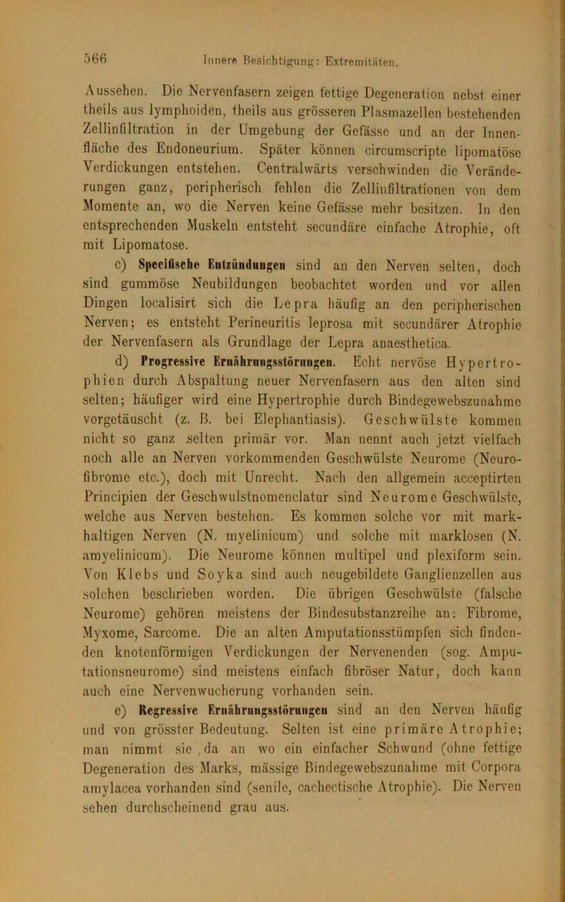 Aussehen. Die Nervenfasern zeigen fettige Degeneration nebst einer theils aus lymphoiden, theils aus grösseren Plasmazellen bestehenden Zellinfiltration in der Umgebung der Gefässe und an der Innen- fläche des Endoneurium. Später können circumscripte lipomatösc Verdickungen entstehen. Centralvvärts verschwinden die Verände- rungen ganz, peripherisch fehlen die Zellinfiltrationen von dem Momente an, wo die Nerven keine Gefässe mehr besitzen. In den entsprechenden Muskeln entsteht secundäre einfache Atrophie, oft mit Lipomatose. c) Speeitiscfae Entzündungen sind an den Nerven selten, doch sind gummöse Neubildungen beobachtet worden und vor allen Dingen localisirt sich die Lepra häufig an den peripherischen Nerven; es entsteht Perineuritis leprosa mit secundärer Atrophie der Nervenfasern als Grundlage der Lepra anaesthetica. d) Progressive Ernährungsstörungen. Echt nervöse Hypertro- phien durch Abspaltung neuer Nervenfasern aus den alten sind selten; häufiger wird eine Hypertrophie durch Bindegewebszunahmc vorgetäuscht (z. B. bei Elephantiasis). Geschwülste kommen nicht so ganz selten primär vor. Man nennt auch jetzt vielfach noch alle an Nerven vorkommenden Geschwülste Neurome (Neuro- fibrome etc.), doch mit Unrecht. Nach den allgemein acceptirten Principien der Geschwulstnomenclatur sind Neurome Geschwülste, welche aus Nerven bestehen. Es kommen solche vor mit mark- haltigen Nerven (N. myelinicum) und solche mit marklosen (N. amyclinicum). Die Neurome können multipel und plexiform sein. Von Klebs und Sovka sind auch neugebildete Ganglienzellen aus solchen beschrieben worden. Die übrigen Geschwülste (falsche Neurorae) gehören meistens der Bindesubstanzreihe an: Fibrome, Myxome, Sarcome. Die an alten Amputationsstümpfen sich finden- den knotenförmigen Verdickungen der Nervenenden (sog. Ampu- tationsneurome) sind meistens einfach fibröser Natur, doch kann auch eine Nervenwucherung vorhanden sein. e) Regressive Ernährungsstörungen sind an den Nerven häufig und von grösster Bedeutung. Selten ist eine primäre Atrophio; man nimmt sie,da an wo ein einfacher Schwund (ohne fettige Degeneration des Marks, mässige Bindegewebszunahmc mit Corpora amylacea vorhanden sind (senile, cachectische Atrophie). Die Nerven sehen durchscheinend grau aus.