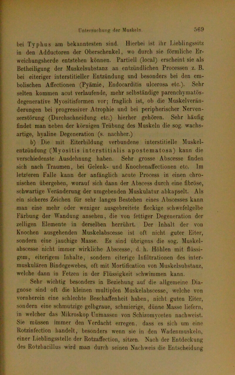 bei Typhus am bekanntesten sind. Hierbei ist ihr Lieblingssitz in den Adduetoren der Oberschenkel, wo durch sie förmliche Er- weichungsherde entstehen können. Partiell (local) erscheint sie als Betheiligung der Muskelsubstanz an entzündlichen Processen z. B. bei eiteriger interstitieller Entzündung und besonders bei den em- bolischen Affectionen (Pyämie, Endocarditis ulcerosa etc.). Sehr selten kommen acut verlaufende, mehr selbständige parenchymatös- degenerative Myositisformen vor; fraglich ist, ob die Muskelverän- derungen bei progressiver Atrophie und bei peripherischer Nerven- zerstörung (Durchschneidung etc.) hierher gehören. Sehr häufig findet man neben der körnigen Trübung des Muskeln die sog. wachs- artige, hyaline Degeneration (s. nachher.) b) Die mit Eiterbildung verbundene interstitielle Muskel- entzündung (Myositis interstitialis apostematosa) kann die verschiedenste Ausdehnung haben. Sehr grosse Abscesse finden sich nach Traumen, bei Gelenk- und KnochenafFectionen etc. Im letzteren Falle kann der anfänglich acute Process in einen chro- nischen übergehen, worauf sich dann der Abscess durch eine fibröse, schwartige Veränderung der umgebenden Muskulatur abkapselt. Als ein sicheres Zeichen für sehr langes Bestehen eines Abscesses kann man eine mehr oder weniger ausgebreitete fleckige schwefelgelbe Färbung der Wandung ansehen, die von fettiger Degeneration der zelligen Elemente in derselben herrührt. Der Inhalt der von Knochen ausgehenden Muskelabscesse ist oft nicht guter Eiter, sondern eine jauchige Masse. Es sind übrigens die sog. Muskel- abscesse nicht immer wirkliche Abscesse, d. h. Höhlen mit flüssi- gem, eiterigem Inhalte, sondern eiterige Infiltrationen des inter- muskulären Bindegewebes, oft mit Mortification von Muskelsubstanz, welche dann in Fetzen in der Flüssigkeit schwimmen kann. Sehr wichtig besonders in Beziehung auf die allgemeine Dia- gnose sind oft die kleinen multiplen Muskelabscesse, welche von vornherein eine schlechte Beschaffenheit haben, nicht guten Eiter, sondern eine schmutzige gelbgraue, schmierige, dünne Masse liefern, in welcher das Mikroskop Unmassen von Schizomyceten nachweist. Sie müssen immer den Verdacht erregen, dass cs sich um eine Rotzinfection handelt, besonders wenn sie in den Wadenmuskeln, einer Lieblingsstelle der RotzafFootion, sitzen. Nach der Entdeckung des Rotzbacillus wird man durch seinen Nachweis die Entscheidung