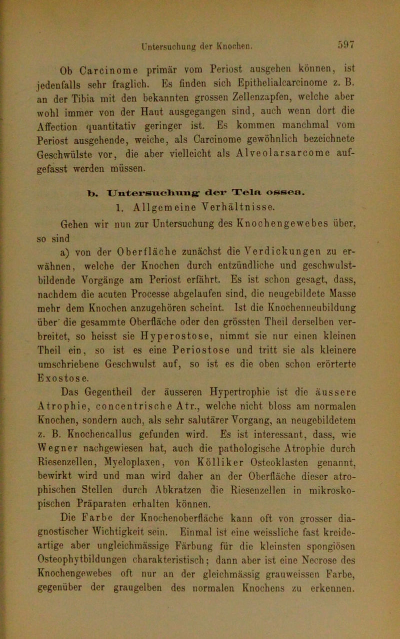 Ob Carcinome primär vom Periost ausgehen können, ist jedenfalls sehr fraglich. Es finden sich Epithelialcarcinome z. B. an der Tibia mit den bekannten grossen Zellenzapfen, welche aber wohl immer von der Haut ausgegangen sind, auch wenn dort die Affection quantitativ geringer ist. Es kommen manchmal vom Periost ausgehende, weiche, als Carcinome gewöhnlich bezeichnete Geschwülste vor, die aber vielleicht als Alveolarsarcome auf- gefasst werden müssen. I). Untersuchung: «lex* Tel» osseo. 1. Allgem eine Verhältnisse. Gehen wir nun zur Untersuchung des Knochengewebes über, so sind a) von der Oberfläche zunächst die Verdickungen zu er- wähnen, welche der Knochen durch entzündliche und geschwulst- bildende Vorgänge am Periost erfährt. Es ist schon gesagt, dass, nachdem die acuten Processe abgelaufen sind, die neugebildete Masse mehr dem Knochen anzugehören scheint. Ist die Knochenneubildung über' die gesammte Oberfläche oder den grössten Theil derselben ver- breitet, so heisst sie Hyperostose, nimmt sie nur einen kleinen Theil ein, so ist es eine Periostose und tritt sie als kleinere umschriebene Geschwulst auf, so ist es die oben schon erörterte Exostose. Das Gegentheil der äusseren Hypertrophie ist die äussere Atrophie, concentrische Atr., welche nicht bloss am normalen Knochen, sondern auch, als sehr salutärer Vorgang, an neugebildetem z. B. Knochcncallus gefunden wird. Es ist interessant, dass, wie Wegner nachgewiesen hat, auch die pathologische Atrophie durch Riesenzellen, Myeloplaxen, von Kolliker Osteoklasten genannt, bewirkt wird und man wird daher an der Oberfläche dieser atro- phischen Stellen durch Abkratzen die Riesenzellen in mikrosko- pischen Präparaten erhalten können. Die Farbe der Knochenoberfläche kann oft von grosser dia- gnostischer Wichtigkeit sein. Einmal ist eine weissliche fast kreide- artige aber ungleichmässige Färbung für die kleinsten spongiösen Osteophytbildungen charakteristisch; dann aber ist eino Necrose des Knochengewebes oft nur an der gleiohmässig grauweissen Farbe, gegenüber der graugelben des normalen Knochens zu erkennen.