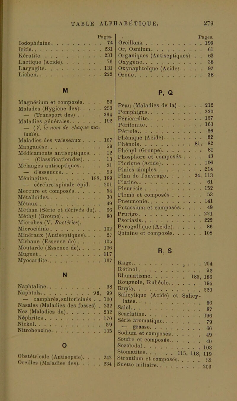 Pages. Iodophénine 74 Iritis 231 Kératite 231 Lactique (Acide) 76 Laryngite 131 Lichen 222 M Magnésium et composés. ... 53 Malades (Hygiène des) 253 — (Transport des) 264 Maladies générales 192 — ( '/. le nom de chaque ma- ladie). Maladies des vaisseaux .... 167 Manganèse 59 Médicaments antiseptiques. . . 12 — (Classification des). ... 13 Mélanges antiseptiques 21 — d'essences 93 Méningites 188, 189 — cérébro-spinale épid. . . 201 Mercure et composés 54 Métalloïdes 30 Métaux 49 Méthan (Série et dérivés du). . 66 Méthyl (Groupe) 80 Microbes (V. Bactéries). Microcidine 102 Minéraux (Antiseptiques). ... 27 Mirbanc (Essenco do) 105 Moutarde (Essence de) 106 Muguet 117 Myocardite 107 N Naphtaline 98 Naphtols 98, 99 — camphrés,sulloricinés . . 100 Nasales (Maladies des fosses) . 232 Nez (Maladies du) 232 Néphrites 170 Nickel 59 Nitrobenzine. . 105 O Obstétricale (Antisepsie). ... 242 Oreilles (Maladies dos) 234 Pages. Oreillons 199 Or, Osmium 61 Organiques (Antiseptiques). . . 63 Oxygèno 38 Oxynaphtoïquo (Acido) 97 Ozone 38 P, Q Peau (Maladies dé la) 212 Pemphigus 220 Péricardite 167 Péritonite 163 Pétrole 66 Phénique (Acide) 82 Phénols 81, 82 Phényl (Groupe) 81 Phosphore et composés 43 Picrique (Acido) 106 Plaies simples 214 Plan de l’ouvrage 24, 113 Platine 61 Pleurésie 152 Plomb et composés 53 Pneumonie 141 Potassium et composés 49 Prurigo 221 Psoriasis 222 Pyrogallique (Acide) 86 Quinino et composés 108 R, S Rage ... 204 Rétinol 92 Rhumatisme 185, 186 Rougeole, Rubéole 195 Rupia 220 Salicyliquo (Acide) et Salicy- lates. Salol 87 Scarlatine Série aromatique....... 79 — grasso Sodium et composés 49 Soufro et composés 49 Sozoïodol Stomatites. ..... 115, 118, 119 Strontium et composas 52 Suetto miliaire ona