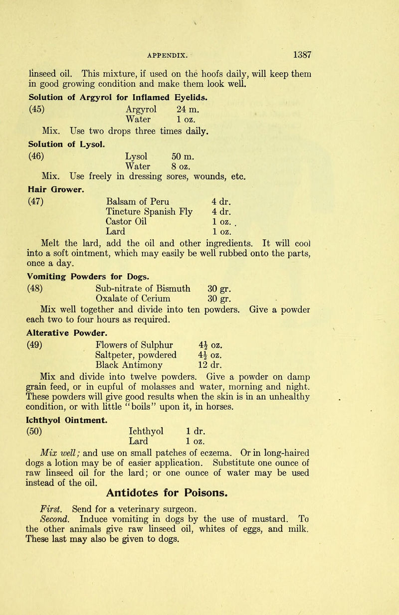 linseed oil. This mixture, if used on the hoofs daily, will keep them in good growing condition and make them look well. Solution of Argyrol for Inflamed Eyelids. (45) Argyrol 24 m. Water 1 oz. Mix. Use two drops three times daily. Solution of Lysol. (46) Lysol 50 m. Water 8 oz. Mix. Use freely in dressing sores, wounds, etc. Hair Grower. Balsam of Peru 4 dr. Tincture Spanish Fly 4 dr. Castor Oil 1 oz. Lard 1 oz. Melt the lard, add the oil and other ingredients. It will cool into a soft ointment, which may easily be well rubbed onto the parts, once a day. Vomiting Powders for Dogs. (48) Sub-nitrate of Bismuth 30 gr. Oxalate of Cerium 30 gr. Mix well together and divide into ten powders. Give a powder each two to four hours as required. Alterative Powder. (49) Flowers of Sulphur 4£ oz. Saltpeter, powdered 4^ oz. Black Antimony 12 dr. Mix and divide into twelve powders. Give a powder on damp grain feed, or in cupful of molasses and water, morning and night. These powders will give good results when the skin is in an unhealthy condition, or with little “boils” upon it, in horses. Ichthyol Ointment. (50) Ichthyol 1 dr. Lard 1 oz. Mix well; and use on small patches of eczema. Or in long-haired dogs a lotion may be of easier application. Substitute one ounce of raw linseed oil for the lard; or one ounce of water may be used instead of the oil. Antidotes for Poisons. First. Send for a veterinary surgeon. Second. Induce vomiting in dogs by the use of mustard. To the other animals give raw linseed oil, whites of eggs, and milk. These last may also be given to dogs.