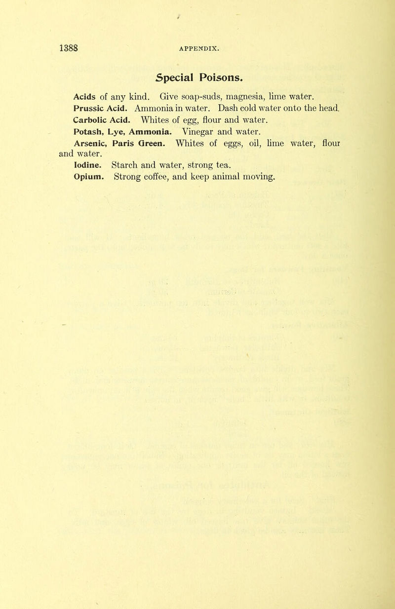 Special Poisons. Acids of any kind. Give soap-suds, magnesia, lime water. Prussic Acid. Ammonia in water. Dash cold water onto the head. Carbolic Acid. Whites of egg, flour and water. Potash, Lye, Ammonia. Vinegar and water. Arsenic, Paris Green. Whites of eggs, oil, lime water, flour and water. Iodine. Starch and water, strong tea. Opium. Strong coffee, and keep animal moving.