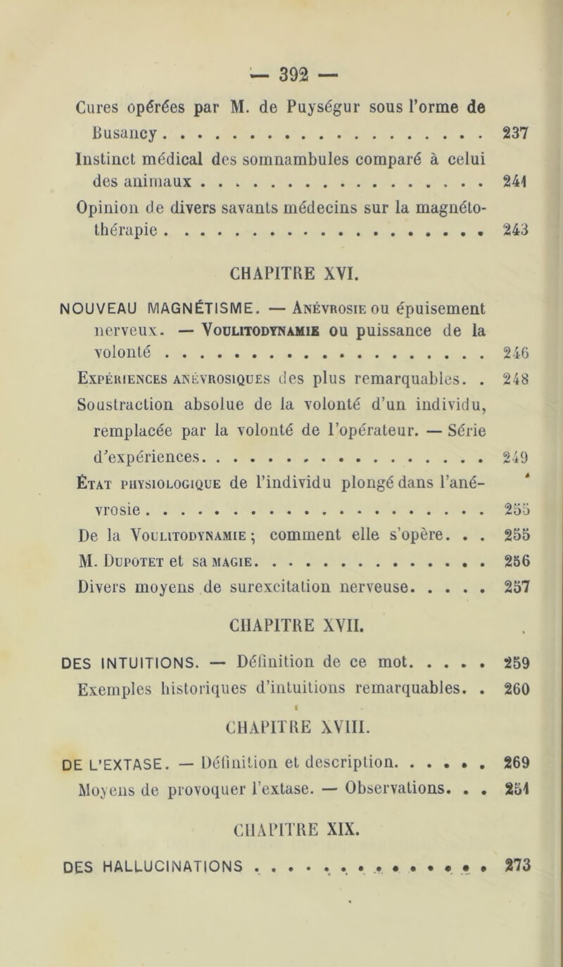 Cures opérées par M. de Puységur sous l’orme de Busaiicy 237 Instinct médical des somnambules comparé à celui des animaux 241 Opinion de divers savants médecins sur la magnéto- thérapie 243 CHAPITRE XVI. NOUVEAU MAGNÉTISME. —ÂNÉvRosiEOU épuisement nerveux. — Voülitodynamib ou puissance de la volonté 246 Expériences AKéVROSiQüEs des plus remarquables. . 248 Soustraction absolue de la volonté d’un individu, remplacée par la volonté de l’opérateur. — Série d’expériences 249 État physiologique de l’individu plongé dans l’ané- vrosie 255 De la VouLiTODVNAMiE ; comment elle s’opère. . . 255 M. Düpotet et sa MAGIE 256 Divers moyens de surexcitation nerveuse 257 CHAPITRE XVII. DES INTUITIONS. — Déliiiition de ce mot 259 Exemples historiques d’intuitions remarquables. . 260 I CHAPITRE XVIII. DE L’EXTASE. — Délinitioii et description 269 Moyens de provoquer l’extase. — Observations. . . 254 CHAPITRE XIX. DES HALLUCINATIONS 273