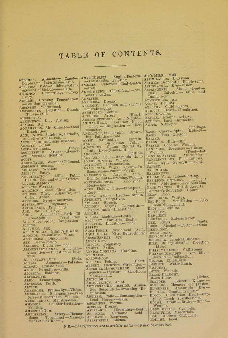 TABLE OF CONTENTS, ABDOMEN. Alimentary Canal Diaphragm—Intestines—liver. Ablution. Bath-Clnldren—Man- agement of Sick-Room- Skin. Abortion. Haemorrhage — Preg- nancy. _ , ,. Abscess. Dressing—Fomentation —Poultice—Pyaemia. Absinthe. Wormwood. ABSORBENTS. Digestion — Olancis —Tabes—Villi. ABSORPTION. Abstinence. Diet—Fasting. Acarus. Itch. Acclimation. Air—Climate—Food —Respiration. „ , ACID. Nitric, Sulphuric, Carbolic, and other Acids—Poison. ACNE. Skin—and Skin Diseases. Aconite. Poison. ACTEA Racemosa. [rhage. ACUPRESSURE. Artery—Hscmor- Acupuncture. Sciatica. ACUTE. ^ . , Adder Bites. Wounds: Poisoned. Addison’s Disease. Adhesion. Wounds. Adipose. Fatty. ADULTERATION. Milk — Public Health—Tea, and other Articles. Advice, Medical. Aerated Waters. _ Aeration. Blood—Circulation. jEthers. Nitric, Sulphuric, and Chloric JEther. Affusion. Fever—Sunstroke. After-Birth. Pregnancy. After-Pains. Pregnancy. Age. Child—Old Age. Ague. Acclimation—Bark—Cli- mate-Quinine. [Ventilation. AIR. Cubic Space. Respiration— Albino. Albumen. Egg. Albuminuria. Bright's Disease. Alcohol. Stimulants—Wine. Alcoholism. Dipsomania. Ale. Beer—Porter. Aliment. Dietaries—Food. Alimentary Canal. Abdomen- Absorption — Digestion — Intes- tines. ALI IKNTARY TUBE. [Soda. Alkali. Ammonia—Potash— Almond. Prussic Acid. Aloes. Purgatives—Pills. Alopecia. Baldness. Alterative. Alum. Hamnorrhage. Alveolus. Teeth. ALVINEi Amaurosis. Brain—Eye—Vision. Ambulance. Emergencies—Frac- tures— Hreniorrhage—Wounds. Amf-nouiihoja. Menstruation. Ammonia. Counter-Irritation— Fainting. Ammoniac Gum. Amputation. Artery — Hiomor- rliage — Tourniquet — Manage- ment of Sick-Room., AMYL Nitrite. Angina Pectori3 —Anaesthetics—Fainting. Anjemia. Chlorosis—Chalybeates —Iron. An-ESTHETICS. Chloroform—Nit- rous Oxide Gas. Analysis. Anasarca. Dropsy. Anatomy. Skeleton and various separate organs. Anchylosis. Joints. Aneurism. Artery. [f?,arc- Angina Pectoris.—Amyl Nitrite— Animal Heat. Aeration—Blood —Lung — Respiration — Ther- mometer. Animation, Suspended. Drown ing—Fainting—Cold. Anise. Carminative. [Sprain. Ankle. Dislocation — Joint Anodynes. Opium—Chloral Hy- drate—Hyoscyamus—Hop. Anorexia. [gestion Ant-Acid. Soda—Magnesia— Indi Anthelmintics. Worms. Antimony. Inflammation. Antimonial Wine. Croup—In flammation—Plummer’s Pill. Antiseptics. Carbolic Acid- Disinfectants—Dressing. Wounds. Antispasmodics. Anodynes— Heat—Spasm. Anus. Fistula—Piles—Prolapsus- Rectum. . tion, Aorta. Artery—Heart— Circula Aperient. Purgatives. Aphasia. Speech. Aphonia. Larynx — Laryngitis — Expectorants—Inhalation. Aphtha. Apncea. Asphyxia—Death. Apoplexy. Paralysis—Death. Appetite. Digestion—Food. Apples. , AQUA FORTIS. Nitric Acid. [Acid. Aqua Regia. Nitro-Hydroehloric Arcus Senilis. Eye. Areca Nut. Areola. Pregnancy. ARMPIT. Axilla. Arnica Montana. Hazeline. Aromatics. Arrow-Root. Arsenic. Poison. [Heart. Artery. Aneurism—Circulation— Arterial Haemorrhage. Emer- gencies — Ligature — Sick-Room Management. Artichokes. Articulation. Joint. Artificial Respiration. Anima- tion, Suspended—Drowning—Re- spiration. Artisan. Colic — Consumption — Leud—Mercury—Skin. Asoaiudes. Worms. Ascites. Dropsy. „ ,, Asparagus. [Drowning—Death. Asphyxia. Carbonic Acid — Aspirator. Empyema. ASSAFU5TIDA. Enema Ass’s Milk. Milk. Assimilation. Digestion. Asthma. Bronchitis—Emphysema, ASTIGMATISM. Eye—Vision. Astringents. Alum — Lead — Chalk — Catechu — Gallic ana Tannic Acid. Atmosphere. Air. Atony. Debility. Atrophy. Child—Tabes. _ Auricle. Heart—Circulation. Auscultation. Axilla. Armpit-Artery. Axunge. Lard—Ointments. AZOTE. Nitrogen. [Lumbago. BACK. Chest — Spine — Kidneys— BACON. Pork—Trichina. BAKING. Baldness. Hair—Skin. BALSAM. Copaiba—Wounds. Bandages. Dressings — Dicers — Wounds. [Food Fat. Banting System. Abstinence — Barbadoes Leg. Elephantiasis. Bark. Ague—Fever, Remittent. Barley. Barometer. Barrenness. Basilic Vein. Blood-letting. BASILICON OINTMENT. [agement. Bath. Ablution—Sick-Room Man- Bath Waters. Health Resorts. Battley’s Solution. Opium. Bean. Food. Bebeerine. Whites. Bed-Room. Ventilation — Sick- Room Management. BEDS and BUDDING. Bed Lifts. Bed Rests. Bed-Sores. Enteric Fever. _ Bee. Stings. [iants. Beer. Alcohol—Porter — Stimu- Beet-Root. Belladonna. Benzoic Acid. Beriberi. Tropical Diseases. Bile. Biliary Disorder—Digestion —Liver. Biliary Calculi. Gall Stones. Biliary Disorder. Liver—Bile- Diarrhoea—Indigestion. BINDER. Child-Birth. Bismuth. Water Brash. Bistoury. Bites. Wounds. Black-Draught. Black-Drop. , [Urine. Bladder. Blister — Kidney — Bleeding. Hamiorrimgc. [Vision. Blindness. Amaurosis — Eye — Blister. Counter Irritation. Blood. Circulation—Heart—Cup- ping—Leech— Scarifl cations. _ Blows. Brain —Bruise —Spine— Wounds. Blue Disease. Cyanosis. Blue Pills. Mercurials. Boil. Abscess—Carbuncle. Boilint. Food.