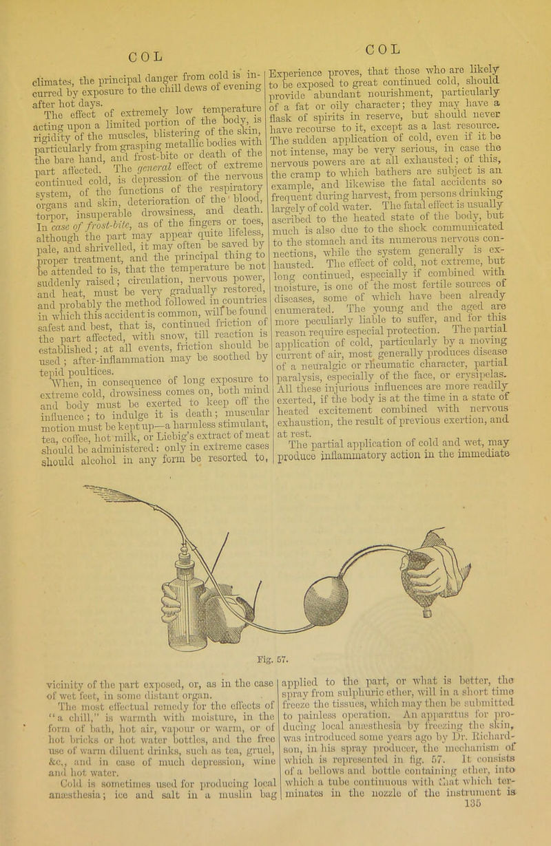 climates, tlie principal danger from cold is in- curred by exposure to tlio chill dews ot evening af The °cffectS of extremely low tempei^ture acting upon a limited portion of the body,. is rigidity of tlie muscles, blistering of the skin, particularly from grasping metallic bodies # the bare hand, and frost-bite or death of the part affected. The cjcncml effect of extreme continued cold, is depression of the nervous system of the functions of the respiratory organs and skin, deterioration of the'blood, torpor, insuperable drowsiness, and death. In case of frost-bite, as of the fingers or toes, although the part may appear quite life ess, pale, and shrivelled, it may often be saved by ■proper treatment, and tlie principal thing to be attended to is, that the temperature be not suddenly raised; circulation, nervous power, and heat, must be very gradually restored, and probably the method followed in countries in which this accident is common, will.be founcf safest and best, that is, continued friction of the part affected, with snow, till reaction is established; at all events, friction should be used ; after-inflammation may be soothed by tepid poultices. When, in consequence of long exposure to extreme cold, drowsiness conies on, both nnnd and body must be exerted to keep off the influence ; to indulge it is death; muscular motion must be kept up—a harmless stimulant, tea, coffee, hot milk, or Liebig’s extract of meat should be administered: only in extreme cases should alcohol in any form be resorted to, COL Experience proves, that those who are likely to be exposed to great continued cold, should provide abundant nourishment, particularly of a fat or oily character; they may have a flask of spirits in reserve, but should never have recourse to it, except as a last resource. The sudden application of cold, even if it be not intense, may be very serious, in case the nervou's powers are at all exhausted ; of this, the cramp to which bathers are subject is an example, and likewise the fatal accidents so frequent during harvest, from persons drinking largely of cold water. The fatal effect is usually ascribed to the heated state of the body, but much is also due to the shock communicated to the stomach and its numerous nervous con- nections, while the system generally is ex- hausted. The effect of cold, not cxtieme, but long continued, especially if combined with moisture, is one ot tlie most fertile souices of diseases, some of which have been already enumerated. The young and the aged are more peculiarly liable to suffer, and for this reason require especial protection. The partial application of cold, particularly by a mo\ ing current of air, most generally produces disease of a neuralgic or rheumatic character, partial paralysis, especially of the face, or erysipelas. All these injurious influences are more readily exerted, if the body is at the time in a state of heated excitement combined with nervous exhaustion, the result of previous exertion, and at rest. The partial application of cold and wet, may produce inflammatory action in the immediate Tig. 57. vicinity of the part exposed, or, as in the case of wet feet, in some distant organ. The most effectual remedy for tlie effects of “a chill,” is warmth with moisture, in tlie form of bath, hot ail', vapour or warm, or of hot bricks or hot water bottles, and the free nso of warm diluent drinks, such as tea, gruel, &c„ and in case of much depression, wine and hot water. Cold is sometimes used for producing local anaesthesia; ice and salt in a muslin bag applied to the part, or what is better, the spray from sulphuric ether, will in a short time freeze the tissues, which may then bn submitted to painless operation. An apparatus for pro- ducing local anaesthesia by freezing the skin, was introduced some years ago by Dr. Richard- son, in his spray producer, the mechanism of which is represented in fig. 57. It consists of a bellows and bottlo containing ether, into which a tube continuous with that which ter- minates in the nozzle of the instrument is