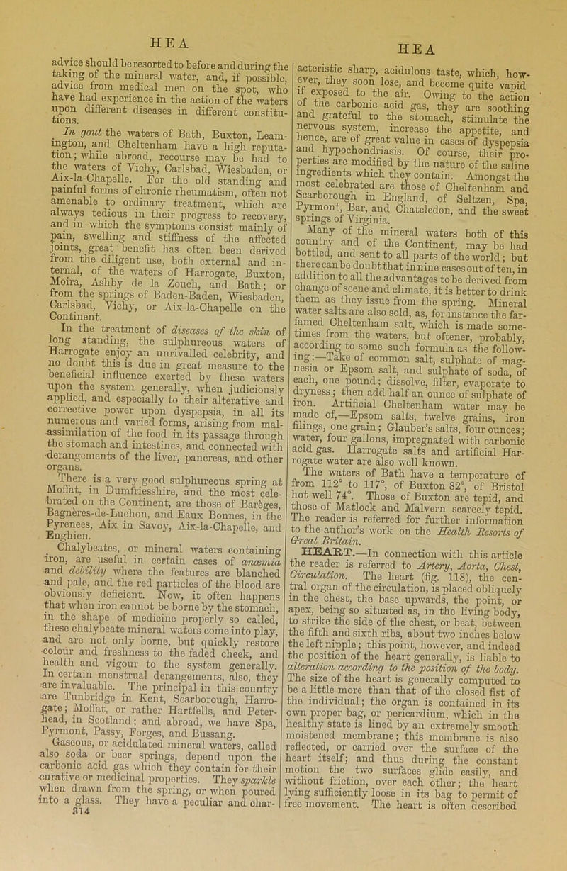 advice should be resorted to before and during the taking of the mineral water, and, if possible, advice from medical men on the sjiot, who have had experience in the action of the waters upon different diseases in different constitu- tions. . In 90ut the waters of Bath, Buxton, Leam- ington, and Cheltenham have a high reputa- tion ; while abroad, recourse may be had to the waters of Yicliy, Carlsbad, Wiesbaden, or Aix-la-Chapelle. For the old standing and painful forms of chronic rheumatism, often not amenable to ordinary treatment, which are always tedious in their progress to recovery, and in which the symptoms consist mainly of pain, swelling and stiffness of the affected joints, great benefit has often been derived from the diligent use, both external and in- ternal, of the waters of Harrogate, Buxton Moira, Ashby de la Zouch, and Bath; or from the springs of Baden-Baden, Wiesbaden, Carlsbad, Yicliy, or Aix-la-Chapelle on the Continent. In the treatment of diseases of the skin of long standing, the sulphureous waters of Harrogate enjoy an unrivalled celebrity, and no doubt this is due in great measure to the beneficial influence exerted by these waters upon the system generally, when judiciously applied, and especially to their alterative and corrective power upon dyspepsia, in all its numerous and varied forms, arising from mal- assimilation of the food in its passage through the stomach and intestines, and connected with ■derangements of the liver, pancreas, and other organs. -There , is a very good sulphureous spring at Moffat, in Dumfriesshire, and the most cele- brated on the Continent, are those of Bareges, Bagneres-de-Luchon, and Eaux Bonnes, in the Pyrenees, Aix in Savoy, Aix-la-Chapelle, and Enghien. Chalybcates, or mineral waters containing iron, are useful in certain cases of anaemia and debility where the features are blanched and pale, and the red particles of the blood are obviously deficient. How, it often happens that when iron cannot be borne by the stomach, in the shape of medicine properly so called, these chalybeate mineral waters come into play, •and are not only borne, but quickly restore colour and freshness to the faded cheek, and health a,nd vigour to the system generally. In certain menstrual derangements, also, they are invaluable. The principal in this country ■are Tunbridge in Kent, Scarborough, Harro- gate; Moffat, or rather Hartfells, and Peter- head, in Scotland; and abroad, we have Spa, 1 yrmont, Passy, Porges, and Bussang. Gaseous, or acidulated mineral waters, called also soda or beer springs, depend upon the carbonic acid gas which they contain for their curative or medicinal properties. They sparkle when drawn from the spring, or when poured i into a glass. They have a peculiar and char- 314 HEA actcristie sharp, acidulous taste, which, how- ever, they soon lose, and become quite vapid if exposed to the air. Owing to the action of the carbonic acid gas, they are soothing and giateful to the stomach, stimulate the nervous system, increase the appetite, and hence are of great value in cases of dyspepsia and hypochondriasis. Of course, their pro- perties are modified by the nature of the saline ingredients which they contain. Amongst the most celebrated are those of Cheltenham and Scarborough in England, of Seltzen, Spa, I yrmont, Bar, and Chateledon, and the sweet springs of Virginia. Many of the mineral waters both of this coiintry and of the Continent, may be had bottled, and sent to all parts of the world; but k~ ®recau be doubtthat innine casesout of ten, in addition to all the advantages to be derived from change of scene and climate, it is better to drink them as they issue from the spring. Mineral water salts are also sold, as, for instance the far- lamed Cheltenham salt, which is made some- times from the waters, but oftener, probably, according to some such formula as the follow- ingTake of common salt, sulphate of mag- nesia or Epsom salt, and sulphate of soda, of each, one pound; dissolve, filter, evaporate to diyness; then add half an ounce of sulphate of iron. Artificial Cheltenham water may be made of,—Epsom salts, twelve grains, iron filings, one grain; Glauber’s salts, four ounces;  ater, four gallons, impregnated with carbonic acid gas. Harrogate salts and artificial Har- rogate water are also well known. The waters of Bath have a temperature of from 112° to 117°, of Buxton 82°, of Bristol hot well 74°. Those of Buxton are tepid, and those of Matlock and Malvern scarcely tepid. The reader is referred for further information to the author’s work on the Health Resorts of Great Britain. HEART.—In connection with this article the reader is referred to Artery, Aorta, Chest, Circulation. The heart (fig. 118), the cen- tral organ of the circulation, is placed obliquely in the chest, the base upwards, the point, or apex, being so^ situated as, in the living body, to strike the side of the chest, or beat, between the fifth and sixth ribs, about two inches below the left nipple; this point, however, and indeed the position of the heart generally, is liable to alteration according to the position of the body. The size of the heart is generally computed to be a little more than that of the closed fist of the individual; the organ is contained in its own proper bag, or pericardium, which in the healthy stato is lined by an extremely smooth moistened membrane; this membrane is also reflected, or carried over the surface of the heart itself; and thus during the constant motion the two surfaces glide easily, and without friction, over each other; the heart lying sufficiently loose in its bag to permit of free movement. The heart is often described