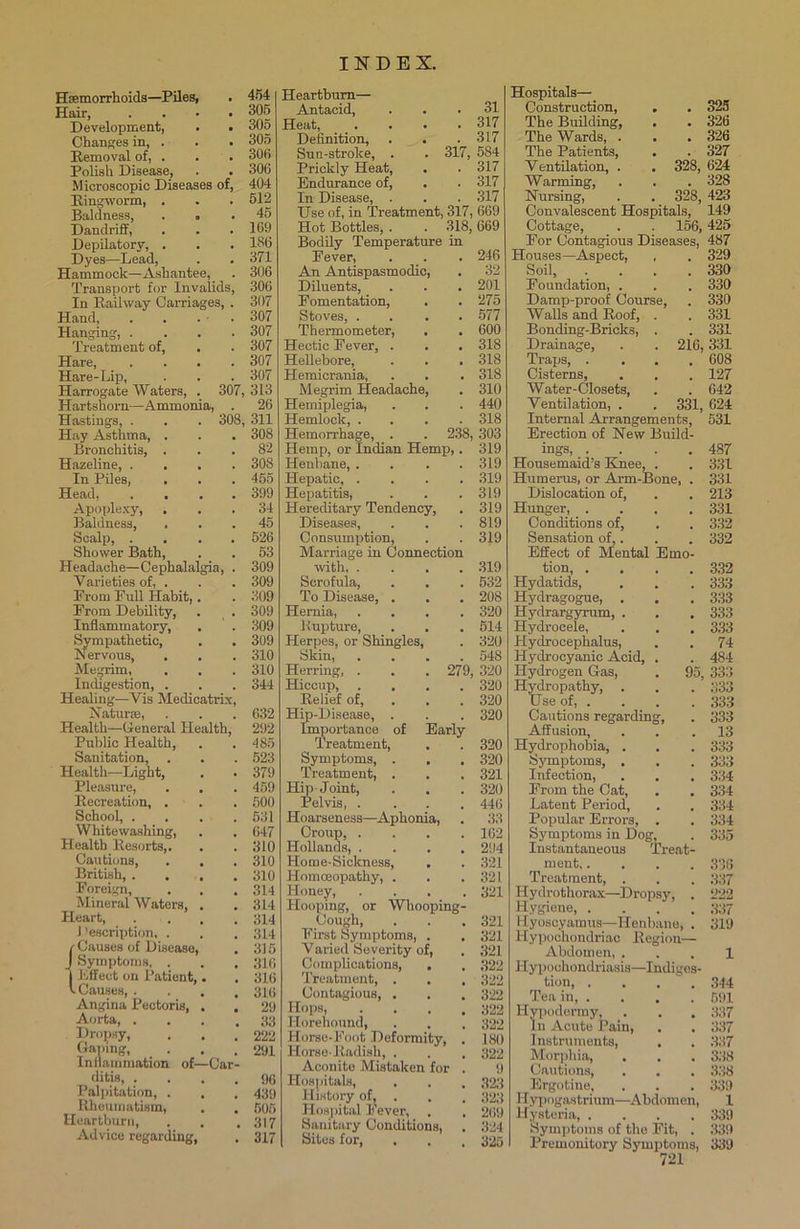 Haemorrhoids—Piles, . Hair, .... Development, . . Changes in, . . . Removal of, . Polish Disease, Microscopic Diseases of, Ringworm, . . . Baldness, . ° Dandriff, Depilatory, . Dyes—Lead, Hammock—Ashantee, . Transport for Invalids, In Railway Carriages, . Hand, Hanging, . Treatment of, Hare, Hare-Lip, Harrogate Waters, . 307, Hartshorn—Ammonia, . Hastings, . . . 308, Hay Asthma, Bronchitis, Hazeline, . In Piles, Head, Apoplexy, Baldness, Scalp, . Shower Bath, Headache—Cephala Varieties of, . From Full Habit, From Debility, Inflammatory, Sympathetic, Nervous, Megrim, Indigestion, . Healing—Vis Medicatrix, Naturse, Health—General Health. Public Health, Sanitation, Health—Light, Pleasure, Recreation, . School, . Whitewashing, Health Resorts,. Cautions, British, . . Foreign, Mineral Waters, Heart, Description, . •Causes of Disease, Symptoms, . Effect on Patient, .Causes, . Angina Pectoris, Aorta, . Dropsy, Gaping, _ . Inflammation of—Car ditia, . Palpitation, . Rheumatism, Heartburn, Advice regarding, 454 305 305 305 305 306 404 512 45 1G9 1S6 371 306 306 307 307 307 307 307 307 313 26 311 308 82 308 455 309 34 45 526 53 309 309 309 309 309 309 310 310 344 632 292 485 523 379 459 500 531 647 310 310 310 314 314 314 314 315 316 316 316 29 33 222 291 96 439 505 317 317 Heartburn— Antacid, ... 31 Heat 317 Definition, . . . 317 Sun-stroke, . . 317, 584 Prickly Heat, . . 317 Endurance of, . . 317 In Disease, . . . 317 Use of, in Treatment, 317, 669 Hot Bottles, . . 318, 669 Bodily Temperature in Fever, . . . 246 An Antispasmodic, . 32 Diluents, . . . 201 Fomentation, . .275 Stoves, .... 577 Thermometer, . . 600 Hectic Fever, . . . 318 Hellebore, . . .318 Hemicrania, . . . 318 Megrim Headache, . 310 Hemiplegia, . . . 440 Hemlock, .... 318 Hemorrhage, . . 238, 303 Hemp, or Indian Hemp,. 319 Henbane, . . . .319 Hepatic, .... 319 Hepatitis, . . . 319 Hereditary Tendency, . 319 Diseases, . . .819 Consumption, . . 319 Marriage in Connection with, .... 319 Scrofula, . . . 532 To Disease, . . . 208 Hernia, .... 320 Rupture, . . . 514 Herpes, or Shingles, . 320 Skin, .... 548 Herring, . . . 279, 320 Hiccup, .... 320 Relief of, 320 Hip-Disease, . . . 320 Importance of Early Treatment, . . 320 Symptoms, . . . 320 Treatment, . . . 321 Hip-Joint, . . . 320 Pelvis, .... 446 Hoarseness—Aphonia, . 33 Croup, .... 162 Hollands, .... 294 Home-Sickness, . . 321 Homoeopathy, . . .321 I-Ioney, . . . .321 Hooping, or Whooping- Cough, . . .321 First Symptoms, . . 321 Varied Severity of, . 321 Complications, . . 322 Treatment, . . . 322 Contagious, . . . 322 Hops, .... 322 Horehound, . . . 322 Horse-Foot Deformity, . 180 Horse-Radish, . . . 322 Aconite Mistaken for . 9 Hospitals, . . , 323 History of, . . . 323 Hospital Fever, . . 269 Sanitary Conditions, . 324 Sites for, . . .325 Hospitals—_ Construction, . . 325 The Building, . . 326 The Wards, . . .326 The Patients, . . 327 Ventilation, . . 328, 624 Warming, . . . 328 Nursing, . . 328, 423 Convalescent Hospitals, 149 Cottage, . . 156,425 For Contagious Diseases, 487 Houses—Aspect, , . 329 Soil, .... 330 Foundation, . . . 330 Damp-proof Course, . 330 Walls and Roof, . . 331 Bonding-Bricks, . . 331 Drainage, . . 216,331 Traps 608 Cisterns, . . . 127 Water-Closets, . . 642 Ventilation, . . 331, 624 Internal Arrangements, 531 Erection of New Build- ings, . . . .487 Housemaid’s Knee, . . 331 Humerus, or Arm-Bone, . 331 Dislocation of, . . 213 Hunger, .... 331 Conditions of, . . 332 Sensation of,. . . 332 Effect of Mental Emo- tion, .... 332 Hydatids, . . . 333 Hydragogue, . . . 333 Hydrargyrum, . . .333 Hydrocele, . . . 333 Hydrocephalus, . . 74 Hydrocyanic Acid, . . 484 Hydrogen Gas, . 95, 333 Hydropathy, . . . 333 Use of, . . . . 333 Cautions regarding, . 333 Affusion, . . .13 Hydrophobia, . . . 333 Symptoms, . . . 333 Infection, . , . 334 From the Cat, . . 334 Latent Period, . . 334 Popular Errors, . . 334 Symptoms in Dog, . 335 Instantaneous Treat- ment, .... 336 Treatment, . . . 337 Hydrothorax—Dropsy, . 222 Hygiene, .... 337 Hyoscyamus—Henbane, . 319 Hypochondriac Region— Abdomen, ... 1 Hypochondriasis—Indiges- tion, . . . . 344 Tea in, .... 591 Hvpodermy, . . . 337 In Acute Pain, . . 337 Instruments, . . 337 Morphia, . . . 338 Cautions, . . . 338 Ergotine, . . . 339 Hypogastrimn—Abdomen, 1 Hysteria 339 Symptoms of the Fit, . 339 Premonitory Symptoms, 339