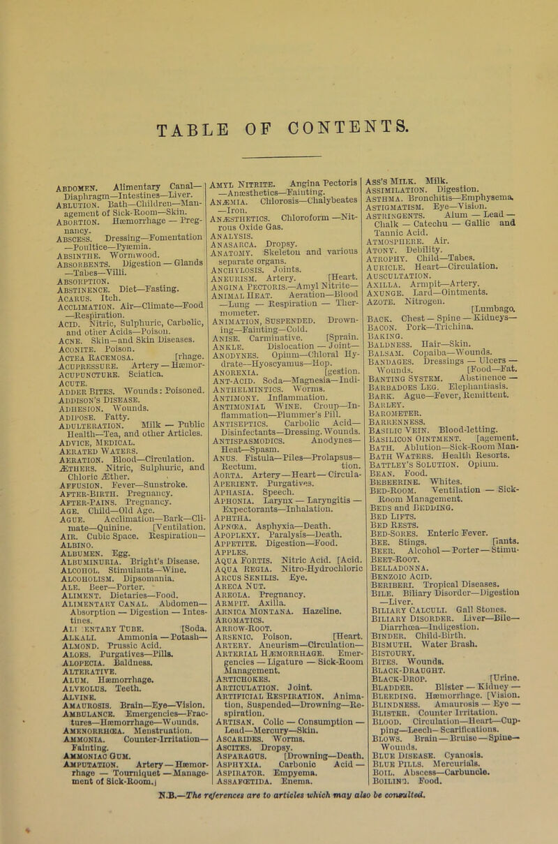 TABLE OF CONTENTS, ABDOMEN. Alimentary Canal- Diaphragm—Intestines—Liver. Ablution. Bath—Children—Man- agement of Sick-Room—Skin. Abortion. Hounorrhage — Preg- nancy. Abscess. Dressing—Fomentation —Poultice—Pytcmia. Absinthe. ’Wormwood. Absorbents. Digestion — Glands —Tabes—Villi. Absorption. Abstinence. Diet—Fasting. Acarus. Itch. Acclimation. Air—Climate—Food —Respiration. Acid. Nitric, Sulphuric, Carbolic, and other Acids—Poison. Acne. Skin—and Skin Diseases. Aconite. Poison. Actea Racemosa. [rhage. Acupressure. Artery — Hauuor- Acupuncture. Sciatica. Acute. Adder Bites. Wounds: Poisoned. Addison's Disease. Adhesion. Wounds. adipose. Fatty. ADULTERATION. Milk — Public Health—'Tea, and other Articles. Advice, Medical. Aerated Waters. Aeration. Blood—Circulation. jEthers. Nitric, Sulphuric, and Chloric iEther. Affusion. Fever—Sunstroke. After-Birth. Pregnancy. After-Pains. rregnaney. AGE. Child—Old Age. Ague. Acclimation—Bark—Cli- mate-Quinine. [Ventilation. Air. Cubic Space. Respiration— Albino. Albumen. Egg. Albuminuria. Bright's Disease. Alcohol. Stimulants—Wine. Alcoholism. Dipsomania. Ale. Beer—Porter. Aliment. Dietaries—Food. Alimentary Canal. Abdomen- Absorption — Digestion — Intes- tines. Alt .entary Tube. [Soda. ALKALI. Ammonia—Potash— Almond. Prussic Acid. Aloes. Purgatives—Pills. Alopecia. Baldness. Alterative. Alum. Haemorrhage. alveolus. Teeth. Alvine. Amaurosis. Brain—Eye—Vision. Ambulance. Emergencies— Frac- tures— Haimorrhage—W uunds. Amenoriiikea. Menstruation. Ammonia. Counter-Irritation— Fainting. Ammoniac Gum. Amputation. Artery — Hionior- rhage — Tourniquet—Manage- ment of Sick-Room.| Amyl Nitrite. Angina Pectoris —Anesthetics—Faiuting. Anemia. Chlorosis—Chalyheates —Iron. Anesthetics. Chloroform —Nit- rous Oxide Gas. Analysis. Anasarca. Dropsy. Anatomy. Skeletou and various separate organs. Anchylosis. Joints. Aneurism. Artery. [Heart. Angina Pectoris—Amyl Nitrite— Animal Heat. Aeration—Blood —Lung — Respiration — Ther- mometer. Animation, Suspended. Drown- ing—Fainting—Cold. Anise. Carminative. [Sprain. Ankle. Dislocation — Joint— Anodynes. Opium—Chloral Hy- drate—Hyoscyamus—Hop. Anorexia. [gestion. Ant-Acid. Soda—Magnesia— Indi- Anthelmintics. Worms. Antimony. Inflammation. Antihonial Wine. Croup—In- flammation—Plummer's Pill. Antiseptics. Carbolic Acid- Disinfectants—Dressing. Wounds. Antispasmodics. Anodynes— Heat—Spasm. Anus. Fistula—Piles—Prolapsus- Rectum. tion. Aorta. Artery—Heart—Circula- Apeiuent. Purgatives. Aphasia. Speech. Aphonia. Larynx — Laryngitis — Expectorants—Inhalation. Aphtha. Apnoia. Asphyxia—Death. Apoplexy. Paralysis—Death. Appetite. Digestion—Food. Apples. Aqua Fortis. Nitric Acid. [Acid. AQUA Kegia. Nitro-Hydrocliloric Arcus Senilis. Eye. Areca Nut. Areola. Pregnancy. Armpit. Axilla. Arnica Montana. Hazeline. Aromatics. Arrow-Root. Arsenic. Poison. [Heart. Artery. Aneurism—Circulation— Arterial Haemorrhage. Emer- gencies — Ligature — Sick-Room Management. Artichokes. Articulation. Joint. Artificial Respiration. Anima- tion, Suspended—Drowning—Re- spiration. Artisan. Colic — Consumption — Lead—Mercury—Skin. Ascaridks. Worms. Ascites. Dropsy. Asparagus. [Drowning—Death. Asphyxia. Carbonic Acid — Aspirator. Empyema. Assafcetida. Enemn. Ass’s Milk. Milk. Assimilation. Digestion. Asthma. Bronchitis—Emphysema. Astigmatism. Eye—Vision. Astringents. Alum — Lead — Chalk — Catechu — GaUic and Taunic Acid. Atmosphere. Air. Atony. Debility. Atrophy. Child—Tabes. Auricle. Heart—Circulation. Auscultation. Axilla. Armpit—Artery. Axunge. Lard—Ointments. Azote. Nitrogen. [Lumbago. Back. Chest —Spine — Kidneys— Bacon, rork—Trichina. Baking. Baldness. Hair—Skin. Balsam. Copaiba—Wounds. Bandages. Dressings — Ulcers — Woimds. [Food—Fat. Banting System. Abstinence — Barbadoes Leo. Elephantiasis. Bark. Ague—Fever, Rend ttent. Barley. Barometer. Barrenness. Basilic Vein. Blood-letting. Basilicon Ointment. [agement. Bath. Ablution—Sick-Room Man- Batii Waters. Health Resorts. Battley’s Solution. Opium. Bean. Food. Bebeerine. Whites. Bed-Room. Ventilation — Sick- Room Management. Beds and Bedding. Bed Lifts. Bed Rests. Bed-Sores. Enteric Fever. Bee. Stings. pants. Beer. Alcohol — Porter — Stimu- Beet-Root. Belladonna. Benzoio Aoid. Beriberi. Tropical Diseases. Bile. Biliary Disorder—Digestion —Liver. Biliary Calculi. Gall Stones. Biliary Disorder. Liver—Bile- Diarrhoea—Indigestion. Binder. Child-Birth. Bismuth. Water Brash. Bistoury. Bites. Wounds. Black-Draught. Black-Drop. [Urino. Bladder. Blister —Kidney — Bleeding. Honnorrhnge. [Vision. Blindness. Amaurosis — Eye — Buster. Counter Irritation. Blood. Circulation—Heart—Cup- ping—Leech— Scarifications. Blows. Brain — Bruise — Spine- Wounds. Blue Disease. Cyanosis. Blue Pills. Mercurials. Boil. Abscess—Carbuncle. Boiling. Food.