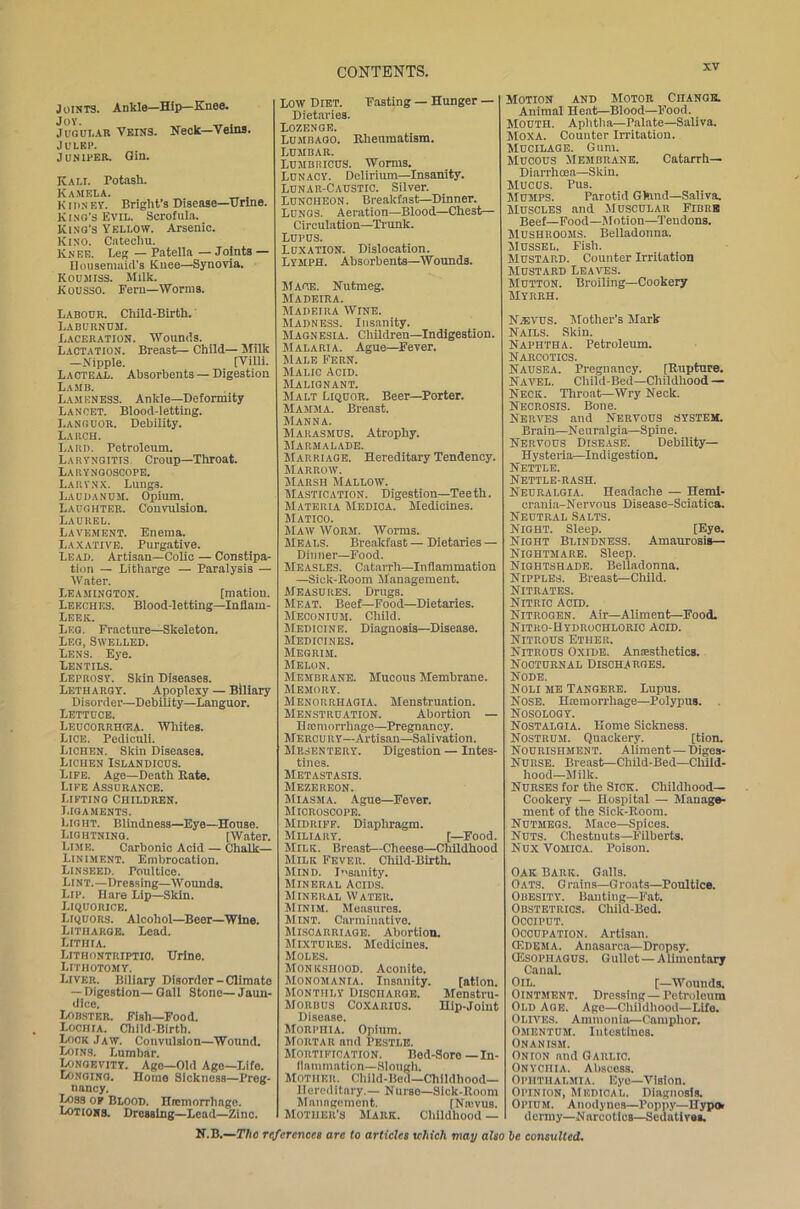 Joints. Ankle—Hip—Knee. Jugular Veins. Neck—Veins. Julep. Juniper. Gin. Kali. Potash. Kamela. Kiiinet. Bright’s Disease—Urine. Kino's Evil. Scrofula. King's Yellow. Arsenic. Kino. Catechu. Knee. Leg — Patella —Joints — Housemaid’s Kuee—Synovia. Koumiss. Milk. Kousso. Fern—Worms. Labour. Child-Birth. Laburnum. Laceration. Wounds. Lactation. Breast— Child— Milk —Nipple. [Villi. Lacteal. Absorbents—Digestion Lamb. Lameness. Ankle—Deformity Lancet. Blood-letting. Languor. Debility. Larch. Lard, retroleum. Laryngitis. Croup—Throat. Laryngoscope. Larynx. Lungs. Laudanum. Opium. Laughter. Convulsion. Laurel. Lavement. Enema. Laxative. Purgative. Lead. Artisan—Colic — Constipa- tion — Litharge — Paralysis — Water. Leamington. [mation. Leeches. Blood-letting—Inflarn- Leek. Leg. Fracture—Skeleton. Leg, Swelled. Lens. Eye. Lentils. Leprosy. Skin Diseases. Lethargy. Apoplexy — Biliary Disorder—Debility—Languor. Lettuce. Leucorrhiea. Whites. Lice. Pediculi. Lichen. Skin Diseases. Lichen Islandicus. Life. Age—Death Rate. Life Assurance. Lifting Children. Ligaments. Light. Blindness—Eye—House. Lightning. [Water. Lime. Carbonic Acid — Chalk— Liniment. Embrocation. Linseed. Poultice. Lint.—Dressing—Wounds. Lip. Hare Lip—Skin. Liquorice. Liquors. Alcohol—Beer—Wine. Litharge. Lead. Litiiia. Lithontriptio. Urine. Lithotomy. Liver. Biliary Disorder-Climate — Digestion—Gall Stone—Jaun- dice. Lobster. Fish—Food. Lochia. Child-Birth. Look Jaw. Convulsion—Wound. Loins. Lumbar. Longevity. Age-Old Age—Life. Lonoing. Home Sickness—Preg- nancy. Loss of Blood. Haemorrhage. Lotions. Dressing—Lead—Zinc. Low Diet. Fasting — Hunger — Dietaries. Lozenge. Lumbago. Rheumatism. Lumbar. Lumbricus. Worms. Lunacy. Delirium—Insanity. Lunar-Caustic. Silver. Luncheon. Breakfast—Dinner. Lungs. Aeration—Blood—Chest— Circulation—Trunk. Lupus. Luxation. Dislocation. Lymph. Absorbents—Wounds. Mace. Nutmeg. Madeira. Madeira Wine. Madness. Insanity. MagnesiA. Children—Indigestion. Malaria. Ague—Fever. Male Fern. Malic Acid. Malignant. Malt Liquor. Beer—Porter. Mamma. Breast. Manna. Marasmus. Atrophy. Marmalade. Marriage. Hereditary Tendency. Marrow. Marsh Mallow. Mastication. Digestion—Teeth. Materia Medica. Medicines. Matico. Maw Worm. Worms. Meals. Breakfast — Dietaries — Dinner—Food. Measles. Catarrh—Inflammation —Sick-Room Management. Measures. Drugs. Meat. Beef—Food—Dietaries. Meconium. Child. Medicine. Diagnosis—Disease. Medicines. Megrim. Melon. Membrane. Mucous Membrane. Memory. Menorrhagia. Menstruation. Menstruation. Abortion — Hmmorrhage—Pregnancy. Mercury—Artisan—Salivation. Mesentery. Digestion — Intes- tines. Metastasis. Mezereon. Miasma. Ague—Fever. Microscope. Midriff. Diaphragm. Miliary. [—Food. Milk. Breast—Cheese—Childhood Milk Fever. Child-Birth. MrN D. I nganity. Mineral Acids. Mineral Water. Minim. Measures. Mint. Carminative. Miscarriage. Abortion. Mixtures. Medicines. Moles. Monkshood. Aconito. Monomania. Insanity. [ation. Monthly Discharge. Menstru- Morbus Coxarius. Hip-Joint Disease. Morphia. Opium. Mortar and Pestle. Mortification. Bed-Sore —In- flammation— Slough. Mother. Child-Bed—Childhood- Hereditary.— Nuibo—Sick-Room Management. [Nievus. Mother's Mark. Childhood — Motion and Motor Change. Animal Heat—Blood—Food. Mouth. Aphtha—Palate—Saliva. Moxa. Counter Irritation. Mucilage. Gum. Mucous Membrane. Catarrh- Diarrhoea—Skin. Mucus. Pus. Mumps. Parotid Gkmd—Saliva. Muscles and Muscular Fibre Beef—Food—Motion—Tendons. Mushrooms. Belladonna. Mussel. Fish. Mustard. Counter Irritation Mustard Leaves. Mutton. Broiling—Cookery Myrrh. Njevtjs. Mother’s Mark Nails. Skin. Naphtha. Petroleum. Narcotics. Nausea. Pregnancy. [Rupture. Navel. Child-Bed—Childhood — Neck. Throat—Wry Neck. Necrosis. Bone. Nerves and Nervous system. Brain—Neuralgia—Spine. Nervous Disease. Debility— Hysteria—Indigestion. Nettle. Nettle-rash. Neuralgia. Headache — Hemi- crania-Nervous Disease-Sciatica. Neutral Salts. Night. Sleep. [Eye. Night Blindness. Amaurosis— Nightmare. Sleep. Nightshade. Belladonna. Nipples. Breast—Child. Nitrates. Nitric acid. Nitrogen. Air—Aliment—Food. Nitro-Hydrochlorio Acid. Nitrous Ether. Nitrous Oxide. Anaesthetics. Nocturnal Discharges. Node. Noli me Tangere. Lupus. Nose. Hiemorrliage—Polypus. . Nosology. Nostalgia. Home Sickness. Nostrum. Quackery. [tion. Nourishment. Aliment — Diges- Nurse. Breast—Child-Bed—Child- hood—Milk. Nurses for the Sick. Childhood- Cookery — Hospital — Manage- ment of the Sick-Room. Nutmegs. Mace—Spices. Nuts. Chestnuts—Filberts. Nux Vomioa. Poison. Oak Bark. Galls. Oats. G rains—G roats—Poultice. Obesity. Banting—Fat. Obstetrics. Child-Bed. Occiput. Occupation. Artisan. G'Idema. Anasarca—Dropsy. Oesophagus. Gullot —Alimentary Canal. Oil. [—Wounds. Ointment. Dressing— Petroleum Old Age. Age—Childhood—Life. Olives. Ammonia—Camphor. Omentum. Intestines. Onanism. Onton and Garlic. Onychia. Abscess. Ophthalmia. Eye—Vision. Opinion, Medical. Diagnosis. Opium. Anodynes—Poppy—Hyp* ' dermy—N arcotics—Sedatives.