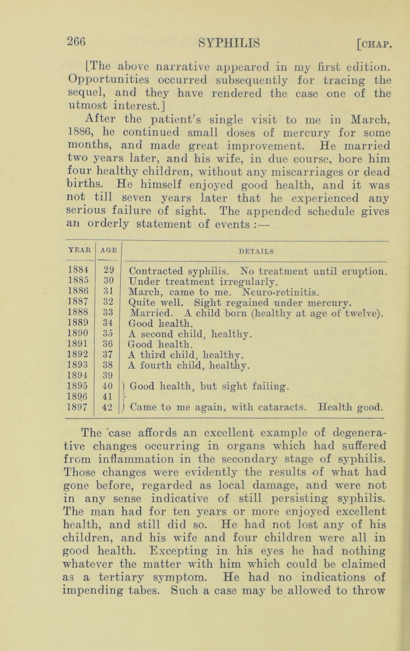 [The above narrative appeared in my first edition. Opportunities occurred subsequently for tracing the sequel, and they have rendered the case one of the utmost interest.] After the patient’s single visit to me in March, 1886, he continued small doses of mercury for some months, and made great improvement. He married two years later, and his wife, in due course, bore him four healthy children, without any miscarriages or dead births. He himself enjoyed good health, and it was not till seven years later that he experienced any serious failure of sight. The appended schedule gives an orderly statement of events :— YEAR AGE DETAILS 1884 29 Contracted syphilis. No treatment until eruption. 1885 30 Under treatment irregularly. 1886 31 March, came to me. Neuro-retinitis. 1887 32 Quite well. Sight regained under mercury. 1888 33 Married. A child born (healthy at age of twelve). 1889 34 Good health. 1890 35 A second child, healthy. 1891 36 Good health. 1892 37 A third child, healthy. 1893 38 A fourth child, healthy. 1891 39 1895 40 ) Good health, but sight failing. 189.6 41 L 1897 42 j Came to me again, with cataracts. Health good. The case affords an excellent example of degenera- tive changes occurring in organs which had suffered from inflammation in the secondary stage of syphilis. Those changes were evidently the results of what had gone before, regarded as local damage, and were not in any sense indicative of still persisting syphilis. The man had for ten years or more enjoyed excellent health, and still did so. He had not lost any of his children, and his wife and four children were all in good health. Excepting in his eyes he had nothing whatever the matter with him which could be claimed as a tertiary symptom. He had no indications of impending tabes. Such a case may be allowed to throw