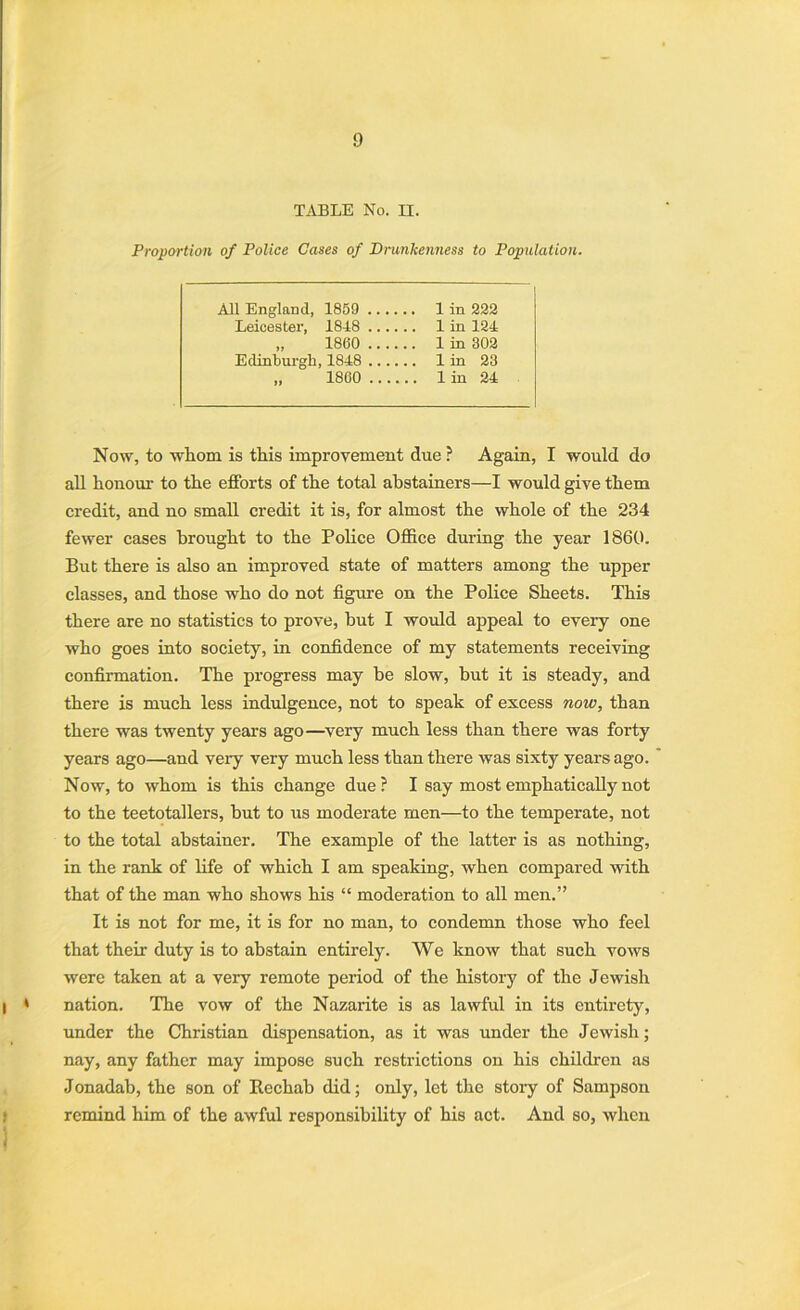 TABLE No. II. Proportion of Police Cases of Drunkenness to Population. All England, 1859 1 in 222 Leicester, 1848 1 in 124 „ 1860 1 in 302 Edinburgh, 1848 1 in 23 „ 1860 1 in 24 Now, to whom is this improvement due ? Again, I would do all honour to the efforts of the total abstainers—I would give them credit, and no small credit it is, for almost the whole of the 234 fewer cases brought to the Police Office during the year 1860. But there is also an improved state of matters among the upper classes, and those who do not figure on the Police Sheets. This there are no statistics to prove, but I would appeal to every one who goes into society, in confidence of my statements receiving confirmation. The progress may he slow, but it is steady, and there is much less indulgence, not to speak of excess now, than there was twenty years ago—very much less than there was forty years ago—and very very much less than there was sixty years ago. Now, to whom is this change due ? I say most emphatically not to the teetotallers, but to us moderate men—to the temperate, not to the total abstainer. The example of the latter is as nothing, in the rank of life of which I am speaking, when compared with that of the man who shows his “ moderation to all men.” It is not for me, it is for no man, to condemn those who feel that their duty is to abstain entirely. We know that such vows were taken at a very remote period of the history of the Jewish nation. The vow of the Nazarite is as lawful in its entirety, under the Christian dispensation, as it was under the Jewish; nay, any father may impose such restrictions on his children as Jonadab, the son of Itechab did; only, let the story of Sampson remind him of the awful responsibility of his act. And so, when