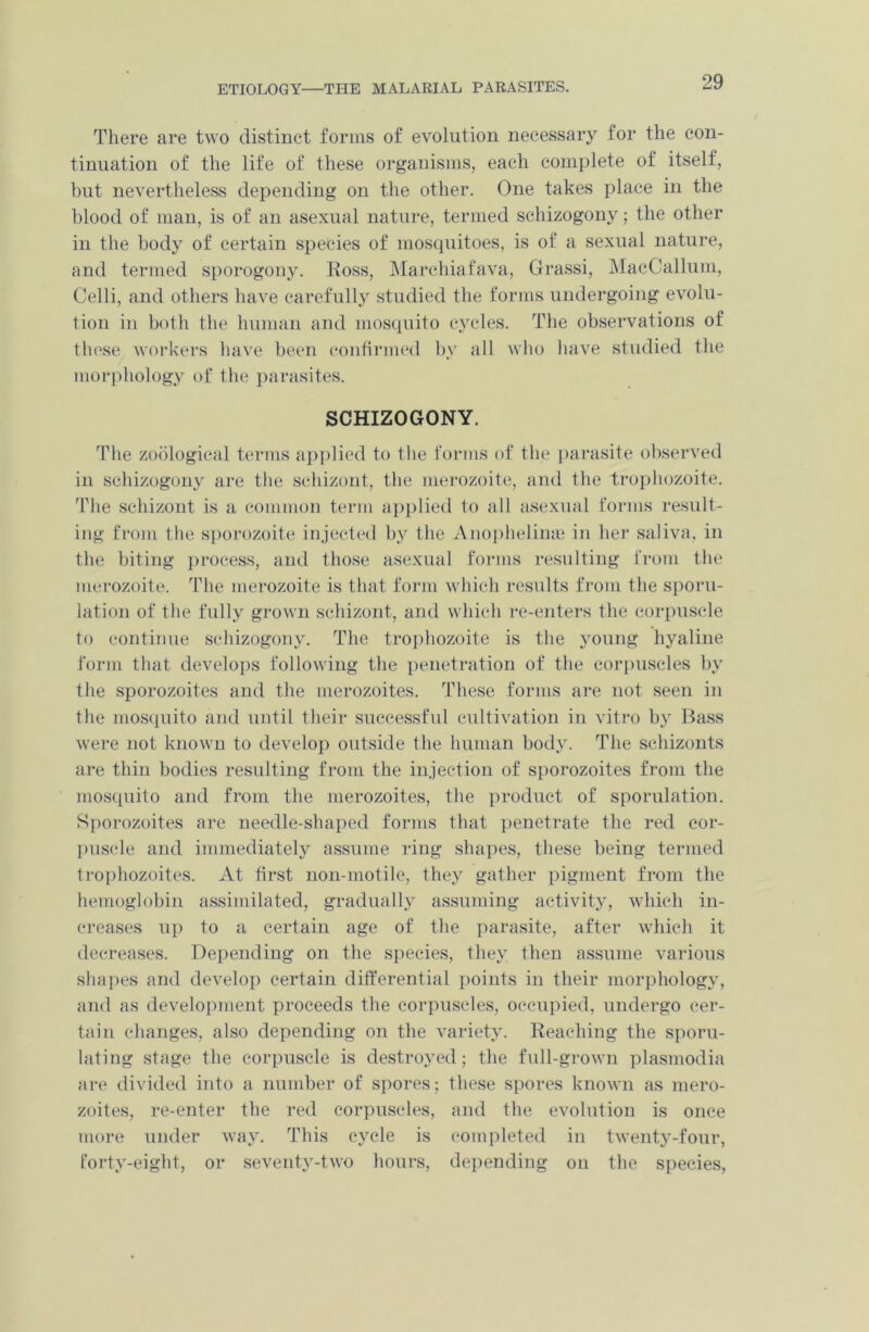 There are two distinct forms of evolution necessary for the con- tinuation of the life of these organisms, each complete of itself, but nevertheless depending on the other. One takes place in the blood of man, is of an asexual nature, termed schizogony; the other in the body of certain species of mosquitoes, is of a sexual nature, and termed sporogony. Ross, Marchiafava, Grassi, MacCallum, Celli, and others have carefully studied the forms undergoing evolu- tion in both the human and mosquito cycles. The observations of these workers have been confirmed by all who have studied the morphology of the parasites. SCHIZOGONY. The zoological terms applied to the forms of the parasite observed in schizogony are the schizont, the merozoite, and the trophozoite. The schizont is a common term applied to all asexual forms result- ing from the sporozoite injected by the Anophelinae in her saliva, in the biting process, and those asexual forms resulting from the merozoite. The merozoite is that form which results from the sporu- lation of the fully grown schizont, and which re-enters the corpuscle to continue schizogony. The trophozoite is the young hyaline form that develops following the penetration of the corpuscles by the sporozoites and the merozoites. These forms are not seen in the mosquito and until their successful cultivation in vitro by Bass were not known to develop outside the human body. The schizonts are thin bodies resulting from the injection of sporozoites from the mosquito and from the merozoites, the product of sporulation. Sporozoites are needle-shaped forms that penetrate the red cor- puscle and immediately assume ring shapes, these being termed trophozoites. At first non-motile, they gather pigment from the hemoglobin assimilated, gradually assuming activity, which in- creases up to a certain age of the parasite, after which it decreases. Depending on the species, they then assume various shapes and develop certain differential points in their morphology, and as development proceeds the corpuscles, occupied, undergo cer- tain changes, also depending on the variety. Reaching the sporu- lating stage the corpuscle is destroyed; the full-grown plasmodia are divided into a number of spores; these spores known as mero- zoites, re-enter the red corpuscles, and the evolution is once more under way. This cycle is completed in twenty-four, forty-eight, or seventy-two hours, depending on the species,