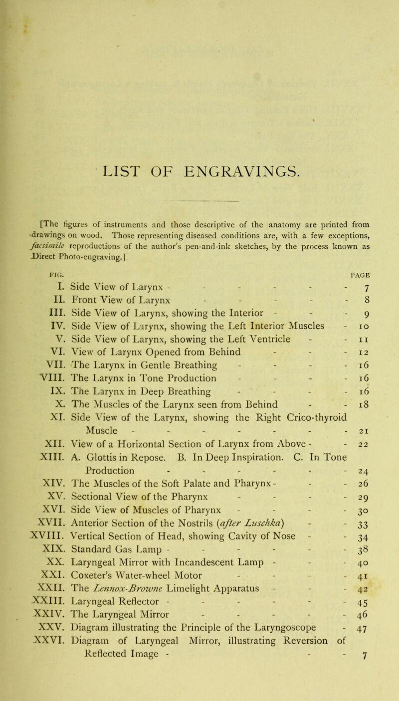 LIST OF ENGRAVINGS. [The figures of instruments and those descriptive of the anatomy are printed from •drawings on wood. Those representing diseased conditions are, with a few exceptions, facsimile reproductions of the author’s pen-and-ink sketches, by the process known as Direct Photo-engraving.] FIG. PAGE I. Side View of Larynx ------ II. Front View of Larynx - - - - - III. Side View of Larynx, showing the Interior - IV. Side View of Larynx, showing the Left Interior Muscles V. Side View of Larynx, showing the Left Ventricle VI. View of Larynx Opened from Behind VII. The Larynx in Gentle Breathing - - - - VIII. The Larynx in Tone Production - IX. The Larynx in Deep Breathing - - - - X. The Muscles of the Larynx seen from Behind XI. Side View of the Larynx, showing the Right Crico-thyroid Muscle ------- XII. View of a Horizontal Section of Larynx from Above - XIII. A. Glottis in Repose. B. In Deep Inspiration. C. In Tone Production ------ XIV. The Muscles of the Soft Palate and Pharynx - XV. Sectional View of the Pharynx - - - - XVI. Side View of Muscles of Pharynx - - - - XVII. Anterior Section of the Nostrils (after Luschka) XVIII. Vertical Section of Head, showing Cavity of Nose XIX. Standard Gas Lamp - XX. Laryngeal Mirror with Incandescent Lamp - XXL Coxeter’s Water-wheel Motor XXII. The Lennox-Browne Limelight Apparatus XXIII. Laryngeal Reflector - XXIV. The Laryngeal Mirror - - - - - XXV. Diagram illustrating the Principle of the Laryngoscope XXVI. Diagram of Laryngeal Mirror, illustrating Reversion of Reflected Image - 7 8 9 10 11 12 16 16 16 18 21 22 24 26 29 3° 33 34 38 40 41 42 45 46 47 7