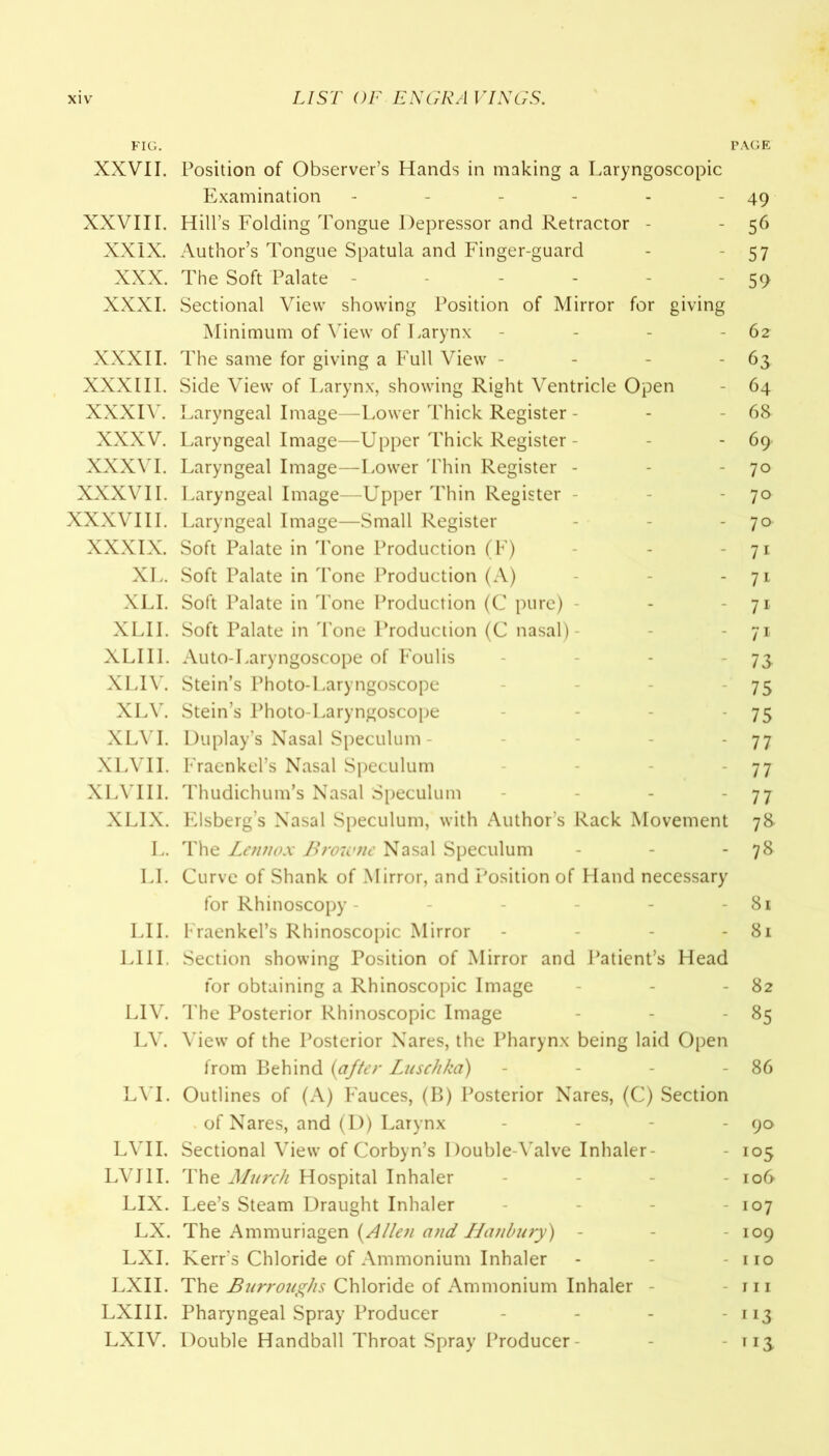 FIG. PAGE XXVII. Position of Observer’s Hands in making a Laryngoscopic Examination - - - - - - 49 XXVIII. Hill’s Folding Tongue Depressor and Retractor - - 56 XXIX. Author’s Tongue Spatula and Finger-guard - -57 XXX. The Soft Palate - - - - -59 XXXI. Sectional View showing Position of Mirror for giving Minimum of View of Larynx - - - - 62 XXXII. The same for giving a Full View - - - - 63 XXXIII. Side View of Larynx, showing Right Ventricle Open - 64 XXXIV. Laryngeal Image—-Lower Thick Register - - 68 XXXV. Laryngeal Image—Upper Thick Register - - - 69 XXXVI. Laryngeal Image—Lower Thin Register - - 70 XXXVII. Laryngeal Image—Upper Thin Register 70 XXXVIII. Laryngeal Image—Small Register - - - 70 XXXIX. Soft Palate in Tone Production (F) - 71 XL. Soft Palate in Tone Production (A) - - 71 XLI. Soft Palate in Tone Production (C pure) - -71 XLII. Soft Palate in Tone Production (C nasal)- - 71 XLIII. Auto-Laryngoscope of Foulis - 73, XLIV. Stein’s Photo-Laryngoscope 75 XLV. Stein’s Photo-Laryngoscope 75 XLVI. Duplay’s Nasal Speculum - 77 XLVII. Fraenkel’s Nasal Speculum 77 XLVIII. Thudichum’s Nasal Speculum - - - 77 XLIX. Elsberg’s Nasal Speculum, with Author’s Rack Movement 78 L. The Lennox Browne Nasal Speculum - - -78 LI. Curve of Shank of Mirror, and Position of Hand necessary for Rhinoscopy - - - 81 LII. Fraenkel’s Rhinoscopic Mirror - - - 81 LIII. Section showing Position of Mirror and Patient’s Head for obtaining a Rhinoscopic Image - - - 82 LIV. The Posterior Rhinoscopic Image - - - 85 LV. View of the Posterior Nares, the Pharynx being laid Open from Behind (after Luschka) - - - - 86 LVI. Outlines of (A) Fauces, (B) Posterior Nares, (C) Section of Nares, and (D) Larynx - - - - 90 LVII. Sectional View of Corbyn’s I)ouble-Valve Inhaler- - 105 LVI1I. The Murch Hospital Inhaler - - - - 106 LIX. Lee’s Steam Draught Inhaler - - - 107 LX. The Ammuriagen (Allen and Hanbury) - - 109 LXI. Kerr’s Chloride of Ammonium Inhaler - - no LXII. The Burroughs Chloride of Ammonium Inhaler in LXIII. Pharyngeal Spray Producer - - - 113 LXIV. Double Handball Throat Spray Producer - TI3