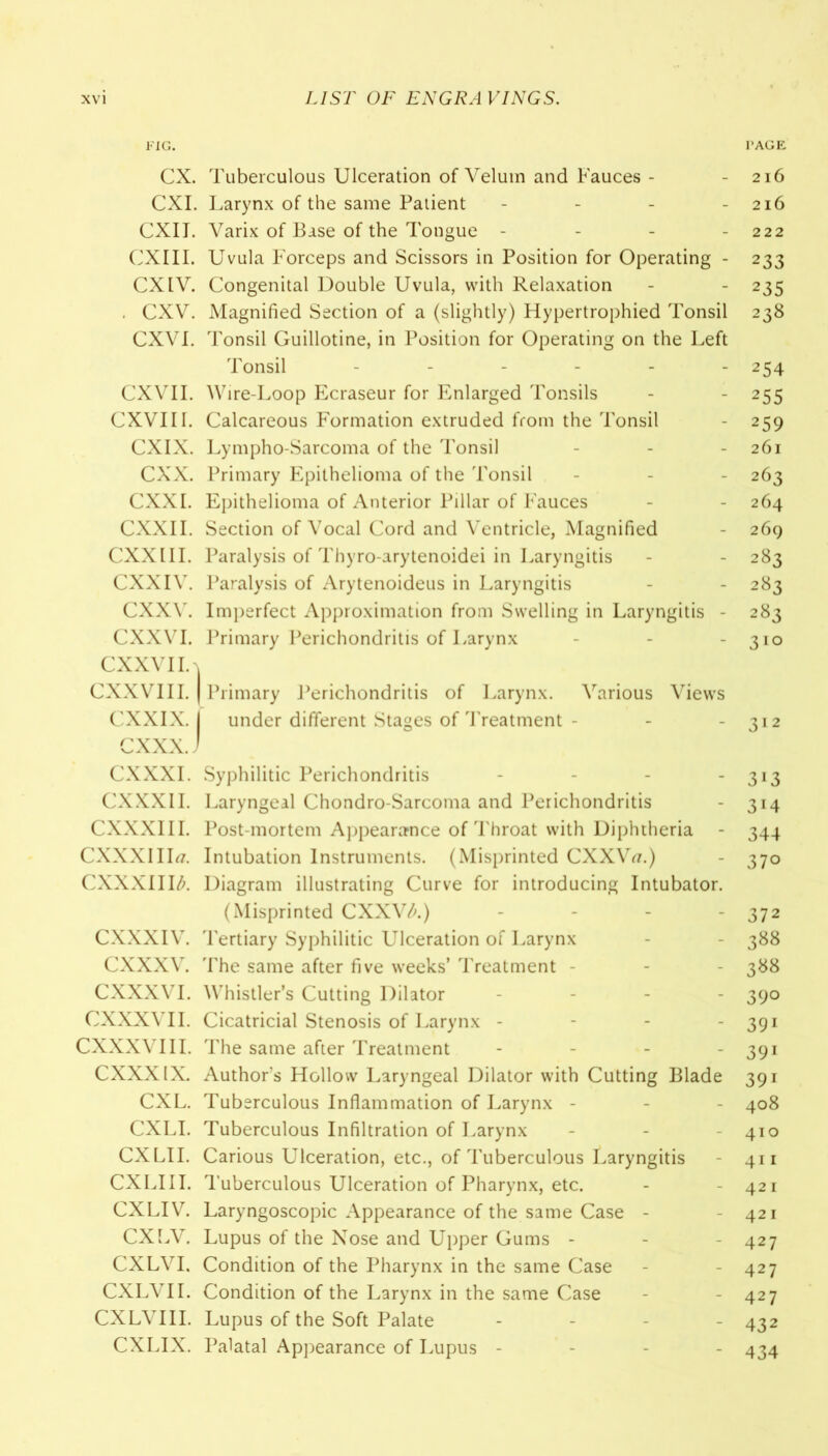 FIG. PAGE CX. Tuberculous Ulceration of Velum and Fauces - - 216 CXI. Larynx of the same Patient - - - - 216 CXIJ. Varix of Ease of the Tongue - 222 CXIII. Uvula F'orceps and Scissors in Position for Operating - 233 CXIV. Congenital Double Uvula, with Relaxation - - 235 . CXV. Magnified Section of a (slightly) Hypertrophied Tonsil 238 CXVI. Tonsil Guillotine, in Position for Operating on the Left Tonsil ------ 254 CXVII. Wire-Loop Ecraseur for Enlarged Tonsils - - 255 CXVI IT. Calcareous Formation extruded from the Tonsil - 259 CXIX. Lympho-Sarcoma of the Tonsil - - - 261 CXX. Primary Epithelioma of the Tonsil - - - 263 CXXI. Epithelioma of Anterior Pillar of Fauces - - 264 CXXII. Section of Vocal Cord and Ventricle, Magnified - 269 CXXIII. Paralysis of Thyro-arytenoidei in Laryngitis - - 283 CXXIV. Paralysis of Arytenoideus in Laryngitis - - 283 CXXV. Imperfect Approximation from Swelling in Laryngitis - 283 CXXVI. Primary Perichondritis of Larynx - - - 310 CXXVII.'i CXXVI 11. I Primary Perichondritis of Larynx. Various Views CXXIX. I under different Stages of Treatment - - - 312 CXXX.J CXXXI. Syphilitic Perichondritis - - - -313 CXXXII. Laryngeal Chondro-Sarcoma and Perichondritis - 314 CXXXIII. Post-mortem Appearance of Throat with Diphtheria - 344 CXXXIIItf. Intubation Instruments. (Misprinted CXXVa.) - 370 CXXXIIIA Diagram illustrating Curve for introducing Intubator. (Misprinted CXXVA) - - - - 372 CXXXIV. Tertiary Syphilitic Ulceration of Larynx - - 388 CXXXV. The same after five weeks’ Treatment - - 388 CXXXVI. Whistler’s Cutting Dilator - - - - 390 CXXXVII. Cicatricial Stenosis of Larynx - 391 CXXXVIII. The same after Treatment - - - - 391 CXXX1X. Author’s Hollow Laryngeal Dilator with Cutting Blade 391 CXL. Tuberculous Inflammation of Larynx - - - 408 CXLI. Tuberculous Infiltration of Larynx - - 410 CXLII. Carious Ulceration, etc., of Tuberculous Laryngitis - 411 CXLIII. Tuberculous Ulceration of Pharynx, etc. - - 421 CXLIV. Laryngoscopic Appearance of the same Case - - 421 CXLV, Lupus of the Nose and Upper Gums - - - 427 CXLVI. Condition of the Pharynx in the same Case - - 427 CXLVII. Condition of the Larynx in the same Case - - 427 CXLVIII. Lupus of the Soft Palate - 432 CXLIX. Palatal Appearance of Lupus - - - - 434