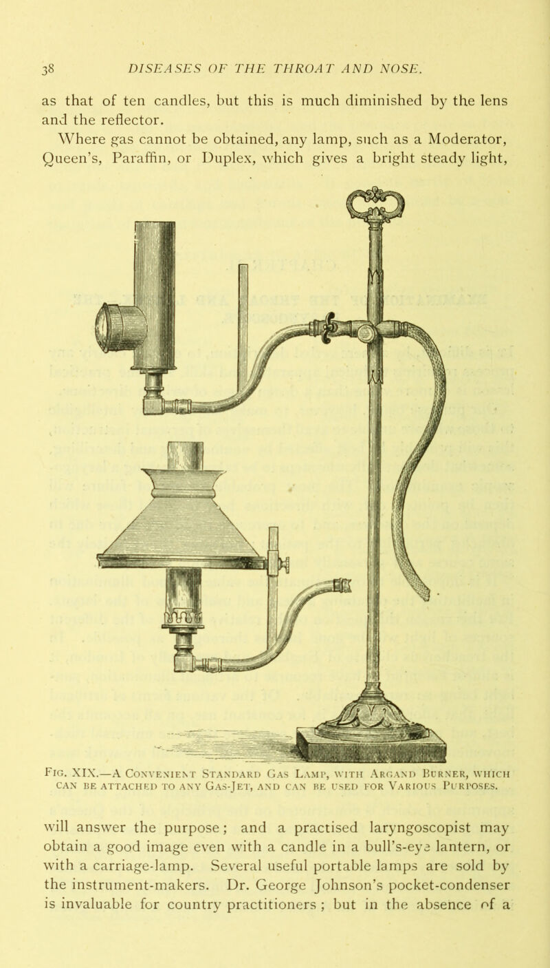as that of ten candles, but this is much diminished by the lens and the reflector. Where gas cannot be obtained, any lamp, such as a Moderator, Queen’s, Paraffin, or Duplex, which gives a bright steady light, Fig. XIX.—A Convenient Standard Gas Lamp, with Argand Burner, which CAN BE ATTACHED TO ANY GAS-JET, AND CAN BE USED FOR VARIOUS PURPOSES. will answer the purpose; and a practised laryngoscopist may obtain a good image even with a candle in a bull’s-eye lantern, or with a carriage-lamp. Several useful portable lamps are sold by the instrument-makers. Dr. George Johnson’s pocket-condenser is invaluable for country practitioners ; but in the absence of a