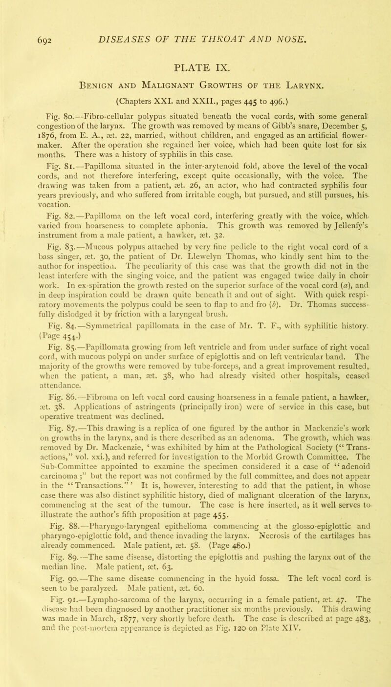 PLATE IX. Benign and Malignant Growths of the Larynx. (Chapters XXI. and XXII., pages 445 to 496.) Fig. 80.—Fibro-cellular polypus situated beneath the vocal cords, with some general congestion of the larynx. The growth was removed by means of Gibb’s snare, December 5, 1876, from E. A., set. 22, married, without children, and engaged as an artificial flower- maker. After the operation she regained her voice, which had been quite lost for six months. There was a history of syphilis in this case. Fig. 81.—Papilloma situated in the inter-arytenoid fold, above the level of the vocal cords, and not therefore interfering, except quite occasionally, with the voice. The drawing was taken from a patient, set. 26, an actor, who had contracted syphilis four years previously, and who suffered from irritable cough, but pursued, and still pursues, his vocation. Fig. 82.—Papilloma on the left vocal cord, interfering greatly with the voice, which varied from hoarseness to complete aphonia. This growth was removed byjellenfy’s instrument from a male patient, a hawker, set. 32. Fig. 83.—Mucous polypus attached by very fine pedicle to the right vocal cord of a bass singer, set. 30, the patient of Dr. Llewelyn Thomas, who kindly sent him to the author for inspection. The peculiarity of this case was that the growth did not in the least interfere with the singing voice, and the patient was engaged twice daily in choir work. In ex-spiration the growth rested on the superior surface of the vocal cord (a), and in deep inspiration could be drawn quite beneath it and out of sight. With quick respi- ratory movements the polypus could be seen to flap to and fro (£). Dr. Thomas success- fully dislodged it by friction with a laryngeal brush. Fig. 84.—Symmetrical papillomata in the case of Mr. T. F., with syphilitic history. (Page 454.) Fig. 85.—Papillomata growing from left ventricle and from under surface of right vocal cord, with mucous polypi on under surface of epiglottis and on left ventricular band. The majority of the growths were removed by tube-forceps, and a great improvement resulted, when the patient, a man, set. 38, who had already visited other hospitals, ceased attendance. Fig. 86.—Fibroma on left vocal cord causing hoarseness in a female patient, a hawker, set. 38. Applications of astringents (principally iron) were of service in this case, but operative treatment was declined. Fig. 87.—This drawing is a replica of one figured by the author in Mackenzie’s work on growths in the larynx, and is there described as an adenoma. The growth, which was removed by Dr. Mackenzie, ‘was exhibited by him at the Pathological Society (“Trans- actions,” vol. xxi.), and referred for investigation to the Morbid Growth Committee. The Sub-Committee appointed to examine the specimen considered it a case of “adenoid carcinomabut the report was not confirmed by the full committee, and does not appear in the “Transactions.”’ It is, however, interesting to add that the patient, in whose case there was also distinct syphilitic history, died of malignant ulceration of the larynx, commencing at the seat of the tumour. The case is here inserted, as it well serves to illustrate the author’s fifth proposition at page 455. Fig. 88.—Pharyngo-laryngeal epithelioma commencing at the glosso-epiglottic and pharyngo-epiglottic fold, and thence invading the larynx. Necrosis of the cartilages has already commenced. Male patient, set. 58. (Page 480.) Fig. 89.—The same disease, distorting the epiglottis and pushing the larynx out of the median line. Male patient, set. 63. Fig. 90.—The same disease commencing in the hyoid fossa. The left vocal cord is seen to be paralyzed. Male patient, set. 60. Fig. 91.—Lympho-sarcoma of the larynx, occurring in a female patient, set. 47. The disease had been diagnosed by another practitioner six months previously. This drawing was made in March, 1877, very shortly before death. The case is described at page 483, and the post-mortem appearance is depicted as Fig. 120 on Plate XIV.