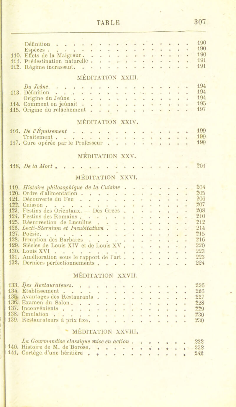 Définition 190 Espèces 190 110. Effets de la Maigreur 190 111. Prédestination naturelle 191 112. Régime incrassant 191 MÉDITATION XXIII. Du Jeûne 194 113. Définition 194 Origine du Jeûne 194 114. Comment on jeûnait 195 115. Origine du relâchement 197 MÉDITATION XXIV. 116. De l’Épuisement 199 Traitement 199 117. Cure opérée parle Professeur 199 MÉDITATION XXV. 118. De la Mort 201 MÉDITATION XXVI. 119. Histoire philosophique de la Cuisine 204 120. Ordre d'alimentation 205 121. Découverte du Feu 206 122. Cuisson 207 123. Festins des Orientaux. — Des Grecs 20S 124. Festins des Romains 210 125. Résurrection de Lucullus 212 126. Lecti-Sternium et lncubitatium 214 127. Poésie 215 128. Irruption des Barbares 216 129. Siècles de Louis XIV et de Louis XV 220 130. Louis XVI 223 131. Amélioration sous le rapport de l’art 223 132. Derniers perfectionnements 224 MÉDITATION XXVII. 133. Des Restaurateurs 226 134. Établissement 226 135. Avantages des Restaurants 227 136. Examen du Salon 228 137. Inconvénients 229 138. Émulation 230 139. Restaurateurs à prix fixe 230 ' MÉDITATION XXVIII. Jm Gourmandise classique mise en action 232 140. Histoire de M. de Borose . • . . 232 141. Cortège d’une héritière . 242