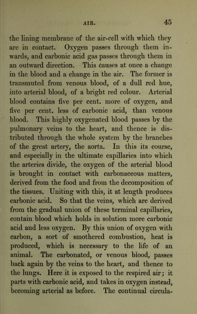 the lining membrane of the air-cell with which they are in contact. Oxygen passes through them in- wards, and carbonic acid gas passes through them in an outward direction. This causes at once a change in the blood and a change in the air. The former is transmuted from venous blood, of a dull red hue, into arterial blood, of a bright red colour. Arterial blood contains five per cent, more of oxygen, and five per cent, less of carbonic acid, than venous blood. This highly oxygenated blood passes by the pulmonary veins to the heart, and thence is dis- tributed through the whole system by the branches of the great artery, the aorta. In this its course, and especially in the ultimate capillaries into which the arteries divide, the oxygen of the arterial blood is brought in contact with carbonaceous matters, derived from the food and from the decomposition of the tissues. Uniting with this, it at length produces carbonic acid. So that the veins, which are derived from the gradual union of these terminal capillaries, contain blood which holds in solution more carbonic acid and less oxygen. By this union of oxygen with carbon, a sort of smothered combustion, heat is produced, which is necessary to the life of an animal. The carbonated, or venous blood, passes back again by the veins to the heart, and thence to the lungs. Here it is exposed to the respired air; it parts with carbonic acid, and takes in oxygen instead, becoming arterial as before. The continual circula-