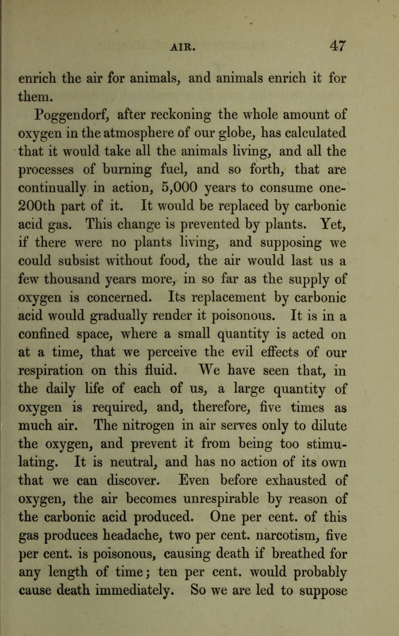 enrich the air for animals, and animals enrich it for them. Poggendorf, after reckoning the whole amount of oxygen in the atmosphere of our globe, has calculated that it would take all the animals living, and all the processes of burning fuel, and so forth, that are continually in action, 5,000 years to consume one- 200th part of it. It would be replaced by carbonic acid gas. This change is prevented by plants. Yet, if there were no plants living, and supposing we could subsist without food, the air would last us a few thousand years more, in so far as the supply of oxygen is concerned. Its replacement by carbonic acid would gradually render it poisonous. It is in a confined space, where a small quantity is acted on at a time, that we perceive the evil effects of our respiration on this fluid. We have seen that, in the daily life of each of us, a large quantity of oxygen is required, and, therefore, five times as much air. The nitrogen in air serves only to dilute the oxygen, and prevent it from being too stimu- lating. It is neutral, and has no action of its own that we can discover. Even before exhausted of oxygen, the air becomes unrespirable by reason of the carbonic acid produced. One per cent, of this gas produces headache, two per cent, narcotism, five per cent, is poisonous, causing death if breathed for any length of time; ten per cent, would probably cause death immediately. So we are led to suppose