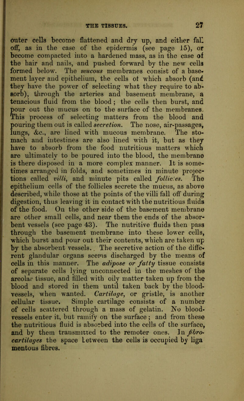 outer cells become flattened and dry up, and either fall ofl*, as in the case of the epidermis (see page 15), or become compacted into a hardened mass, as in the case of the hair and nails, and pushed forward by the new cells formed below. The mucous membranes consist of a base- ment layer and epithelium, the cells of which absorb (ani they have the power of selecting what they require to ab- sorb), through the arteries and basement membrane, a tenacious fluid from the blood ; the cells then burst, and pour out the mucus on to the surface of the membranes. This process of selecting matters from the blood and pouring them out is called secretion. The nose, air-passages, lungs, &c., are lined with mucous membrane.. The sto- mach and intestines are also lined wdth it, but as they have to absorb from the food nutritious matters which are ultimately to be poured into the blood, the membrane is there disposed in a more complex manner. It is some- times arranged in folds, and sometimes in minute projec- tions called v^7/^, and minute pits called follicles. The epithelium cells of the follicles secrete the mucus, as above described, while those at the points of the villi fall oft’ during digestion, thus leaving it in contact with the nutritious fluids of the food. On the other side of the basement membrane are other small cells, and near them the ends of the absor- bent vessels (see page 43). The nutritive fluids then pass through the basement membrane into these lower cells, which burst and pour out their contents, which are taken up by the absorbent vessels.. The secretive action of the diffe- rent glandular organs seems discharged by the means of cells in this manner. The adipose or fatty tissue consists of separate ceils lying unconnected in the meshes of the areolar tissue, and tilled with oily matter taken up from the blood and stored in them until taken back by the blood- vessels, when wanted. Cartilage, or gristle, is another cellular tissue. Simple cartilage consists of a number of cells scattered through a mass of gelatin. HHo blood- vessels enter it, but ramify on the surface; and from these the nutritious fluid is absorbed into the cells of the surface, and by them transmitted to the remoter ones. In fhro- cartilages the space between the cells is occupied by liga mentous fibres.