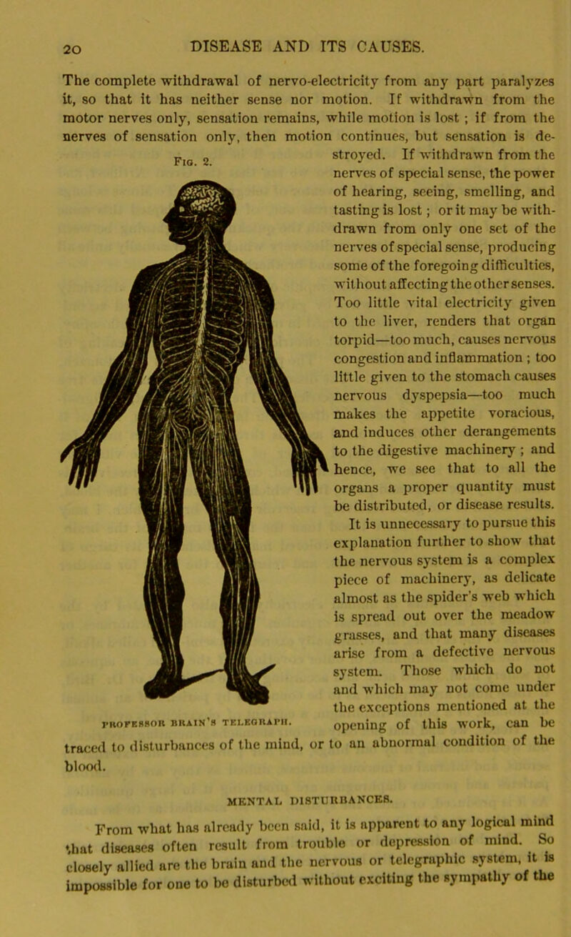 The complete withdrawal of nervo-electricity from any part paralyzes it, so that it has neither sense nor motion. If withdrawn from the motor nerves only, sensation remains, while motion is lost ; if from the nerves of sensation only, then motion continues, hut sensation is de- pio 2 stroyed. If withdrawn from the nerves of special sense, the power of hearing, seeing, smelling, and tasting is lost; or it may be with- drawn from only one set of the nerves of special sense, producing some of the foregoing difficulties, without affecting the other senses. Too little vital electricity given to the liver, renders that organ torpid—too much, causes nervous congestion and inflammation ; too little given to the stomach causes nervous dyspepsia—too much makes the appetite voracious, and induces other derangements to the digestive machinery ; and hence, we see that to all the organs a proper quantity must be distributed, or disease results. It is unnecessary to pursue this explanation further to show that the nervous system is a complex piece of machinery, as delicate almost as the spider’s web which is spread out over the meadow grasses, and that many diseases arise from a defective nervous system. Those which do not and which may not come under the exceptions mentioned at the professor brain's TELEGRAPH. opening of this work, can be traced to disturbances of the mind, or to an abnormal condition of the blood. MENTAL DISTURBANCES. From what has already been said, it is apparent to any logical mind that diseases often result from trouble or depression of mind. So closely allied are the brain and the nervous or telegraphic system, it is impossible for one to be disturbed without exciting the sympathy of the