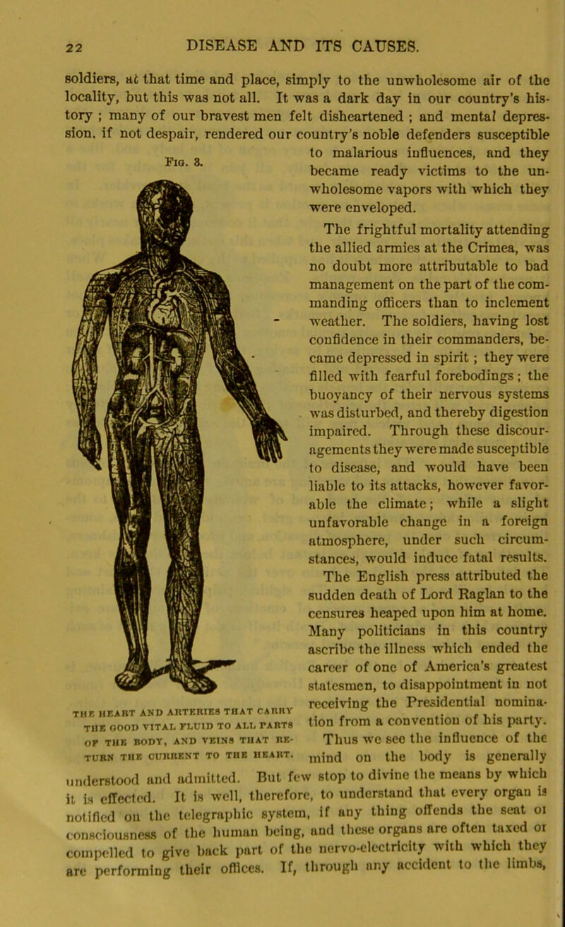 Fig. 3. soldiers, at that time and place, simply to the unwholesome air of the locality, but this was not all. It was a dark day in our country’s his- tory ; many of our bravest men felt disheartened ; and mental depres- sion. if not despair, rendered our country’s noble defenders susceptible to malarious influences, and they became ready victims to the un- wholesome vapors with which they were enveloped. The frightful mortality attending the allied armies at the Crimea, was no doubt more attributable to bad management on the part of the com- manding officers than to inclement weather. The soldiers, having lost confidence in their commanders, be- came depressed in spirit; they were filled with fearful forebodings; the buoyancy of their nervous systems was disturbed, and thereby digestion impaired. Through these discour- agements they were made susceptible to disease, and would have been liable to its attacks, however favor- able the climate; while a slight unfavorable change in a foreign atmosphere, under such circum- stances, would induce fatal results. The English press attributed the sudden death of Lord Raglan to the censures heaped upon him at home. Many politicians in this country ascribe the illness which ended the career of one of America’s greatest statesmen, to disappointment in not receiving the Presidential nomina- tion from a convention of his party. Thus we see the influence of the mind on the body is generally understood and admitted. But few stop to divine the means by which it is effected. It is well, therefore, to understand that every organ is notified on the telegraphic system, if any thing offends the sent oi consciousness of the human being, and these organs are often taxed or compelled to give back part of the nervo-elcctricity with which they are performing their offices. If, through any accident to the limbs, the heart and arteries that carry TUB GOOD VITAE FLUID TO ALL TARTS Of THE BODY, AND VEINS THAT RE- TURN THE CURRENT TO THE HEART.