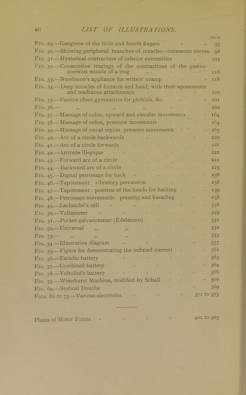 I’AGE Fig. 29.—Gangrene of the little and fourth fingers - - 95 Fig. 30.—Showing peripheral branches of muscles—cutaneous nerves 98 Fig. 31.—Hysterical contracture of inferior extremities - 103 Fig. 32.—Consecutive tracings of the contractions of the gastro- cnemius muscle of a frog - - - 116 Fig. 33.—Nussbaum’s appliance for writers’ cramp - - 118 Fig. 34.—Deep muscles of forearm and hand, with their aponeurotic and tendinous attachments - - - 122 Fig. 35.—Passive chest gymnastics for phthisis, &c. - - 161 Fig. 36.— ,, ,, ,, 162 Fig. 37.—Massage of colon, upward and circular movements • 164 Fig. 38.—Massage of colon, pressure movements - - 164 Fig. 39.—Massage of caecal region, pressure movements - - 165 Fig. 40.—Arc of a circle backwards - - - 220 Fig. 41.-—Arc of a circle forwards .... 221 Fig. 42.—Attitude illegique ... 222 Fig. 43.—Forward arc of a circle - 222 Fig. 44.—Backward arc of a circle - - 223 Fig. 45.—Digital petrissage for back - - - 238 Fig. 46.—Tapotement: vibratory percussion - - 238 Fig. 47.—Tapotement: position of the hands for hacking - - 239 Fig. 48.—Petrissage movements : pressing and kneading - 258 Fig. 49.—Leclanche’s cell ----- 338 Fig. 50.—Voltameter ----- 349 Fig. 51.—Pocket galvanometer (Edelmann) - - - 351 Fig. 52.—Universal ,, ,, - 352 Fig. 53.—- ,, .. ... 353 Fig. 54.—Illustrative diagram - - - 357 Fig. 55.—Figure for demonstrating the induced current - - 361 Fig. 56.—Faradic battery - 3^3 Fig. 57.—Combined battery - 364 Fig. 58.—Voltolini’s battery - 366 Fig. 59.—Wimshurst Machine, modified by Schall - - 3°a Fig. 60.—Statical Douche - 369 Figs. 61 to 73.—Various electrodes - - 371 t0 373 Plates of Motor Points - - - * 401 to 403