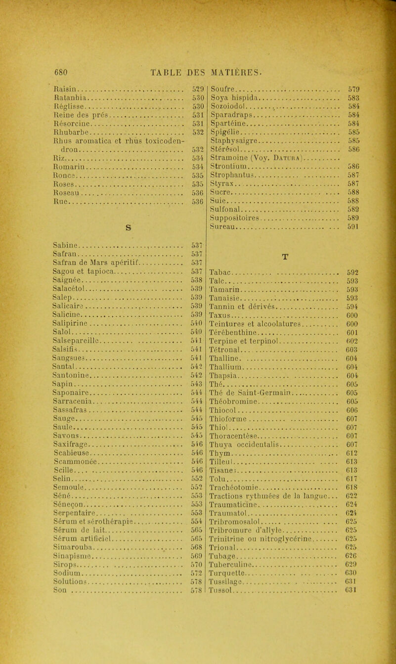 Raisin 529 Ralanhia 530 Réglisse 530 Reine des prés 531 Résorciue 531 Rhubarbe 532 Rhus aromatica et rhus toxicoden- dron 532 Riz 534 Romarin 634 Ronce 535 Roses 535 Roseau 536 Rue 536 S Sabine 537 Safran 537 Safran de Mars apéritif 537 Sagou et tapioca 537 Saignée 538 Salacélol 539 Salep 539 Salicaire 539 Salicine 539 Salipirine 540 Salol 540 Salsepareille 541 Salsifis 541 Sangsues 541 Santal 542 Santonine 542 Sapin 543 Saponaire 544 Sarracenia 544 Sassafras 544 Sauge 545 Saule 545 Savons 545 Saxifrage 546 Scabieuse 546 Scammonée 546 Scille 546 Selin 552 Semoule 552 Séné 553 Séneçon 553 Serpentaire 553 Sérum et sérothérapie 554 Sérum de lait 565 Sérum artificiel 505 Simarouba _ 568 Sinapisme 569 Sirops 570 Sodium 572 Solutions 578 Son 578 Soufre 579 Soya hispida 583 Sozoiodol 584 Sparadraps 584 Spartéine 584 Spigélie 585 Staphysaigre 585 Stérésol 586 Stramoine (Voy. Datl'r.a) Strontium 586 Stropbantus 587 Styrax 587 Sucre 588 Suie 588 Sulfonal 589 Suppositoires 589 Sureau 591 T Tabac 592 Talc 593 Tamarin 593 Tanaisie ; 593 Tannin et dérivés 594 Taxus 600 Teintures et alcoolatures 600 Térébenthine 601 Terpine et terpinol 602 Tétronat... 603 Thalline 604 Thallium 604 Thapsia 604 Thé 605 Thé de Saint-Germain 605 Théobromiue 605 Thiocol 606 Thioforme 607 Thiol 607 Thoracentèse 607 Thuya occideutalis 007 Thym 012 Tilleul 613 Tisanes 013 Tolu 617 Trachéotomie 018 Tractions rythmées de la langue... 022 Traumaticine 624 Traumatol 624 Tribromosalol 025 Tribromure d’allyle 625 Trinitrine ou nitroglycérine 625 Trional 025 Tubage 626 Tuberculine 029 Turquette 630 Tussilage 031 Tussol 031