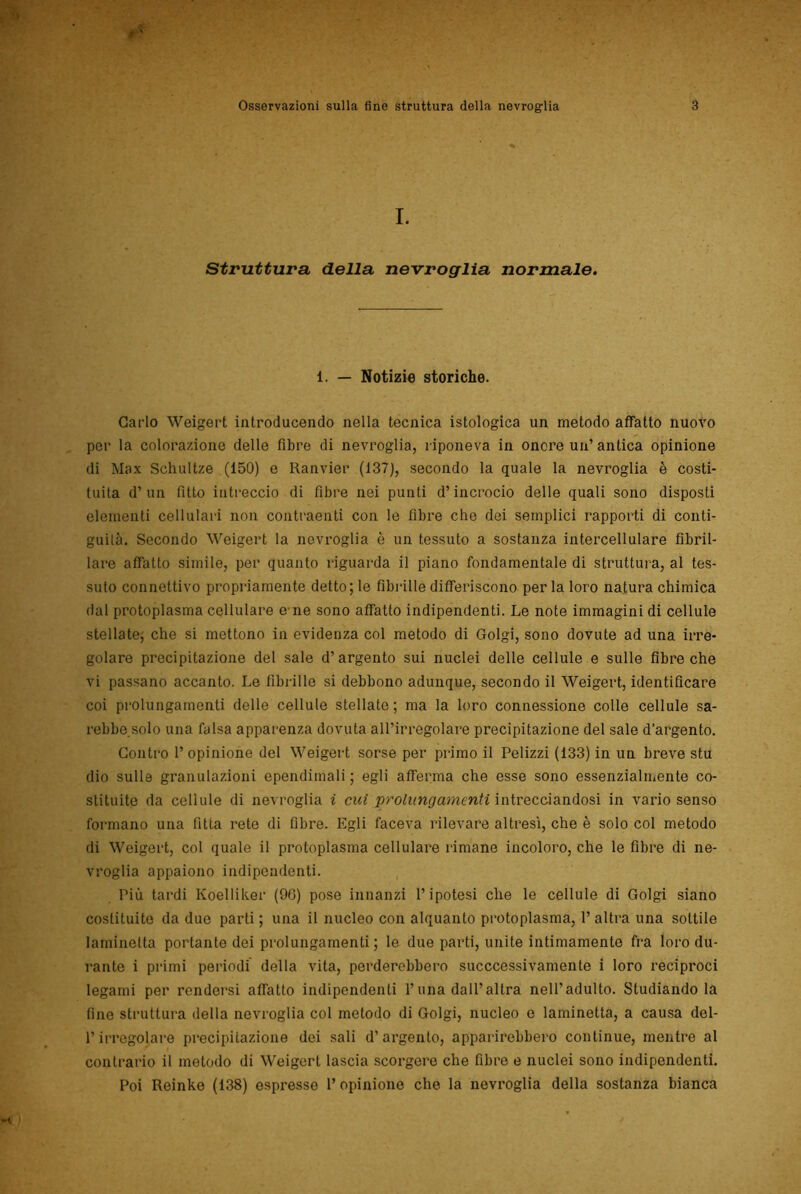 I. Struttura della nevroglia normale. 1. — Notizie storiche. Carlo Weigert introducendo nella tecnica istologica un metodo affatto nuovo per la colorazione delle fibre di nevroglia, riponeva in onore un’ antica opinione di Max Schultze (150) e Ranvier (137), secondo la quale la nevroglia è costi- tuita d’un fitto intreccio di fibre nei punti d’incrocio delle quali sono disposti elementi cellulari non contraenti con le fibre che dei semplici rapporti di conti- guità. Secondo Weigert la nevroglia è un tessuto a sostanza intercellulare fibril- lare affatto simile, per quanto riguarda il piano fondamentale di struttura, al tes- suto connettivo propriamente detto; le fibrille differiscono per la loro natura chimica dal protoplasma cellulare e-ne sono affatto indipendenti. Le note immagini di cellule stellate, che si mettono in evidenza col metodo di Golgi, sono dovute ad una irre- golare precipitazione del sale d’argento sui nuclei delle cellule e sulle fibre che vi passano accanto. Le fibrille si debbono adunque, secondo il Weigert, identificare coi prolungamenti delle cellule stellate; ma la loro connessione colle cellule sa- rebbe solo una falsa apparenza dovuta all’irregolare precipitazione del sale d’argento. Contro 1’ opinione del Weigert sorse per primo il Pelizzi (133) in un breve stu dio sulle granulazioni ependimali ; egli afferma che esse sono essenzialmente co- stituite da cellule di nevroglia i cui prolungamenti intrecciandosi in vario senso formano una fitta rete di fibre. Egli faceva rilevare altresì, che è solo col metodo di Weigert, col quale il protoplasma cellulare rimane incoloro, che le fibre di ne- vroglia appaiono indipendenti. Più tardi Koelliker (90) pose innanzi l’ipotesi che le cellule di Golgi siano costituite da due parti ; una il nucleo con alquanto protoplasma, 1’ altra una sottile laminetta portante dei prolungamenti; le due parti, unite intimamente fra loro du- rante i primi periodi della vita, perderebbero succcessivamente i loro reciproci legami per rendersi affatto indipendenti l’una dall’altra nell’adulto. Studiando la fine struttura della nevroglia col metodo di Golgi, nucleo e laminetta, a causa del- l’irregolare precipitazione dei sali d’argento, apparirebbero continue, mentre al contrario il metodo di Weigert lascia scorgere che fibre e nuclei sono indipendenti. Poi Reinke (138) espresse l’opinione che la nevroglia della sostanza bianca