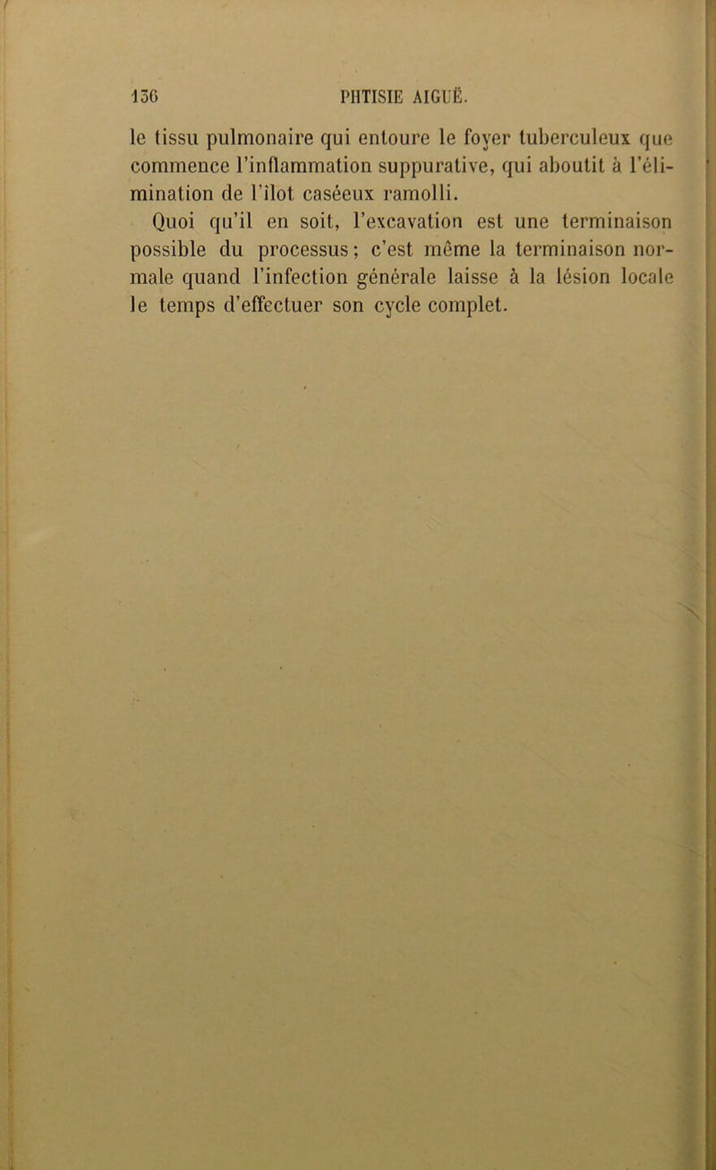 le tissu pulmonaire qui entoure le foyer tuberculeux que commence l’inflammation suppurative, qui aboutit à l’éli- mination de l’îlot caséeux ramolli. Quoi qu’il en soit, l’excavation est une terminaison possible du processus ; c’est môme la terminaison nor- male quand l’infection générale laisse à la lésion locale le temps d’effectuer son cycle complet.