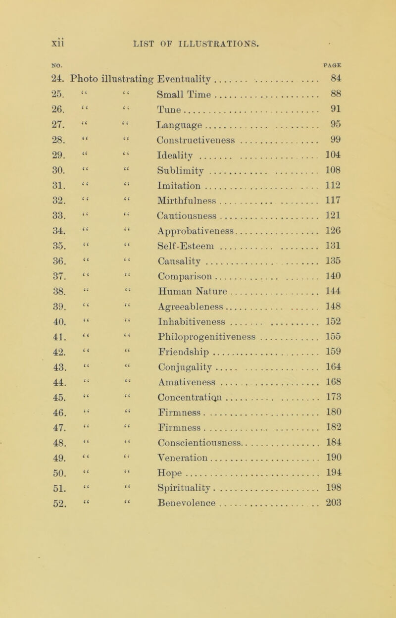 NO. PAGE 24. Photo illustrating Eventuality 84 25. “ “ Small Time 88 26. “ “ Tune 91 27. “ “ Language 95 28. “ “ Constructiveness 99 29. “ “ Ideality 104 30. “ “ Sublimity 108 31. “ “ Imitation 112 32. “ “ Mirthfulness 117 33. “ “ Cautiousness 121 34. “ “ Approbativeness 126 35. “ “ Self-Esteem 131 36. “ “ Causality 135 37. “ “ Comparison 140 38. “ “ Human Nature 144 39. “ “ Agreeableness 148 40. “ “ Inhabitiveness 152 41. “ “ Philoprogenitiveness 155 42. “ “ Friendship 159 43. “ “ Conjugality .... 164 44. “ “ Amativeness 168 45. “ “ Concentration 173 46. “ “ Firmness 180 47. “ “ Firmness 182 48. “ “ Conscientiousness 184 49. “ “ Veneration 190 50. “ “ Hope 194 51. “ “ Spirituality 198 52. “ “ Benevolence 203