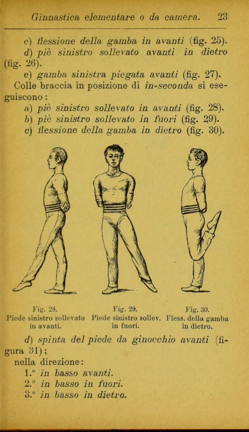 c) llessione della gamba in avanti (fig. 25). d) piè sinistro sollevato avanti in dietro (Ixg. 26). e) gamba sinistra piegata avanti (fìg. 27). Colle braccia in posizione di in-seconda si ese- guiscono : a) piè sinistro sollevato in avanti (fig. 28). b) piè sinistro sollevato in fuori (fig. 29). c) llessione della gamba in dietro (fig. 30). Piede sinistro sollevato in avanti. Pig. 29. Piede sinistro sollov. in fuori. Figr. 30. riess. della g’amba in dietro. d) spinta del piede da ginocchio avanti (fi- gura 31) ; nella direzione: 1. ° in basso avanti. 2. ° in basso in fuori. 3. ° in basso in dietro.