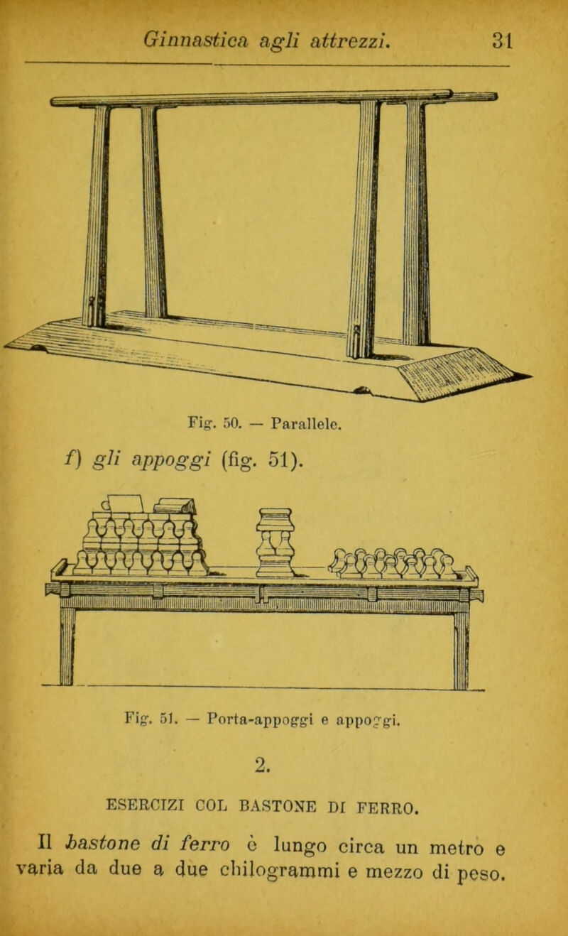 /) gli appoggi (fig. 51). 2. ESERCIZI COL BASTONE DI FERRO. Il bastone di ferro ò lungo circa un metro e varia da due a due cliilogrammi e mezzo di peso.