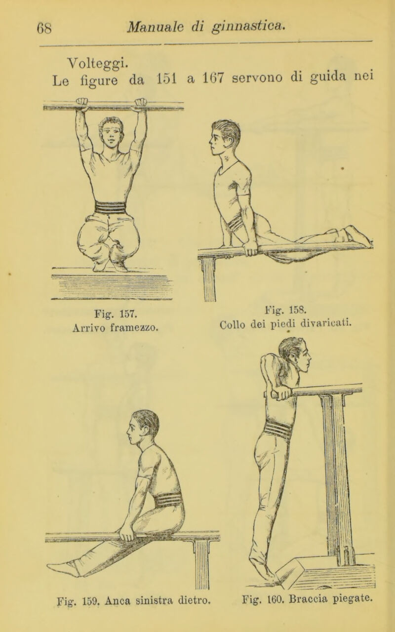 Volteggi. Le figure da 151 a 167 servono di guida nei Fig. 158. Collo dei piedi divaricati. Fig. 159. Anca sinistra dietro. Fig. 160. Braccia piegate.