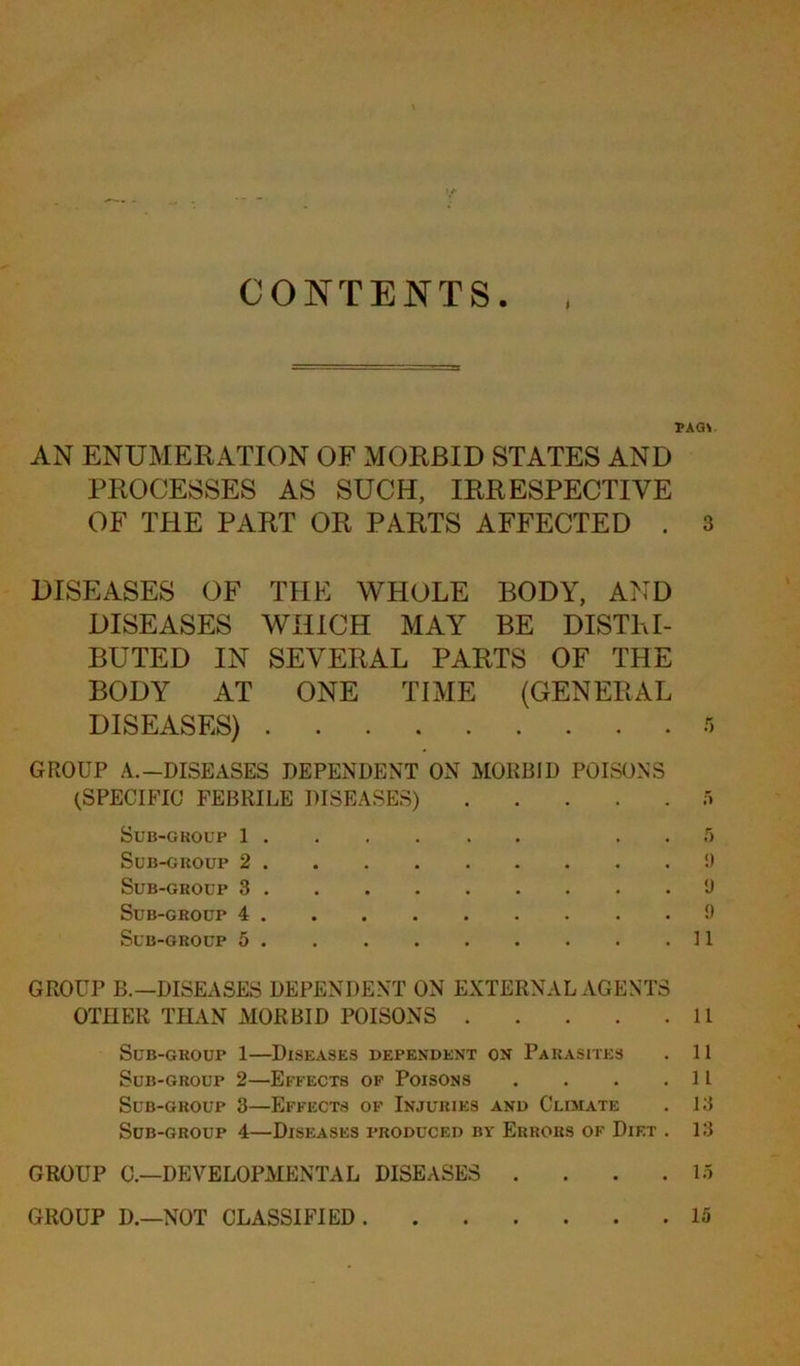 CONTENTS. t T AQV AN ENUMERATION OF MORBID STATES AND PROCESSES AS SUCH, IRRESPECTIVE OF THE PART OR PARTS AFFECTED . 3 DISEASES OF THE WHOLE BODY, AND DISEASES WHICH MAY BE DISTRI- BUTED IN SEVERAL PARTS OF THE BODY AT ONE TIME (GENERAL DISEASES) r, GROUP A.-DISEASES DEPENDENT ON MORBID POISONS (SPECIFIC FEBRILE DISEASES) 5 Sub-gkoup 1 . . 5 Sub-group 2 9 Sub-group 3 9 Sub-group 4 9 Sub-group 5 11 GROUP B.—DISEASES DEPENDENT ON EXTERNAL AGENTS OTHER THAN MORBID POISONS 11 Sub-group 1—Diseases dependent on Parasites . 11 Sub-group 2—Effects of Poisons . . . .11 Sub-group 3—Effects of Injuries and Climate . 13 Sub-group 4—Diseases produced by Errors of Diet . 13 GROUP C.—DEVELOPMENTAL DISEASES . . . .15 GROUP D.—NOT CLASSIFIED 15