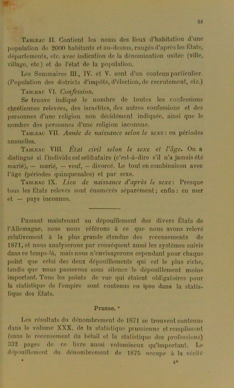 Tarlkai: II. Contient les noms dos lieux d’habitation d'une population de 2000 habitants et au-dessus, rangés d’après les Ktals, départemenis, etc. avec indication de la dénomination usitée (ville, village, etc) et de l’état do la population, Los Sommaires III., IV, et V, sont d’un contenu particulier. (Population des districts d’impôts, d’élection, de recrutement, etc.) TAuiÆAn VI. Confession. Se trouve indiqué le nombre do tontes les confessions chrétiennes relevées, des Israélites, dos autres confessions et des personnes d’une religion non décidément indiquée, ainsi que le nombre des personnes d’une religion inconnue. Taurkai: VII. A)inée de naissance selon le sexe: en périodes annuelles. Tablf.au VIII, É/al civil selon le sexe et Cage. On a distingué si l’individu est célibataire (c’est-à-dire s’il n’a jamais été marié), — marié, — veuf, — divorcé. Le tout en combinaison avec l’âge (périodes quinquenales) et par sexe. Tableau IX. Lieu de naissance d'après le sexe: Presque tous les États relevés sont énumérés séparément; enfin: en mer et — pays inconnus. Passant maintenant au dépouillement des divers États de l’Allemagne, nous nous référons à ce que nous avons relevé relativement à la plus grande étendue des recensements de 1871, et nous analyserons par conséquent aussi les systèmes suivis dans ce temps-là, mais nous n’envisagerons cependant pour chaque point que celui des deux dépouillements qui est le plus riche, tandis que nous passerons sous silence le dépouillement moins important. Tous les points de vue qui étaient obligatoires pour la statistique de l’empire sont contenus eo ipso dans la statis- tique des Etats. Prusse. * Les résultats du dénombrement de 1871 se trouvent contenus dans le volume XXX, de la slatistique ])russienne et remplissent (sans le recensement du bélail et la statistique des ju'ofessions) ?.32 pages de ce livre aussi volumineux qu’important. liC d(‘pouillement du dénombrement do 1875 occupe à la vérilé