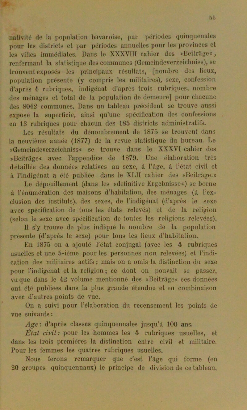 nativité de la population bavaroise, i)ur périodes (piiiirpicnales pour les districts et i)ur j)ériodes annuelles pour les iM’oviuces et les villes immédiates. Dans le XXXVllI cahier des »L}eitrajje«, renfermant ta statistique des communes (Gomeindevcrzeichniss), se trouvent exposés les principaux résultats, [nombre des lieux, population présente (y compris les militaires), sexe, confessioji d’après 4 rubricpies, indigénat d’ai)rès trois rubri(}ues, nombre des ménages et total de la po{)ulation de demeure] pour chacune des 8042 communes. Dans un tableau précédent se trouve aussi exposé la superficie, ainsi qu’une spécification des confessions en 13 rubriques {)our chacun des 185 districts administratifs. Les résultats du dénombrement de 1875 se trouvent dans la neuvième année (1877) de la revue statistique du bureau. Le »Gemeindeverzeichniss« se trouve dans le XXXVl cahier des >Beitriige« avec l’appendice de 1879. Une élaboration très détaillée des données relatives au sexe, à l’âge, à l’état civil et à l’indigénat a élé publiée dans le XLII cahier des »l,]eitrâge.« Le dépouillement (dans les »definitive Ergcbnisse«) se borne à l’énumération dos maisons d’habitation, des ménages (à l’ex- clusion des instituts), des sexes, de l’indigénat (d’après le sexe avec spécification de tous les états relevés) et do la religion (selon le sexe avec spécification de toutes les religions relevées). Il s’y trouve de plus indiqué le nombre de la population présente (d’après le sexe) pour tous les lieux d’habitation. En 1875 on a ajouté l’état conjugal (avec les 4 rubriques usuelles et une 5-ième pour les personnes non relevées) et l’indi- cation des militaires actifs ; mais on a omis la distinction du sexe pour rindigéiiat et la religion ; ce dont on pouvait se passer, vu que dans le 42 volume mentionné des »Beitrâgc« ces données ont été publiées dans la plus grande étendue et en combinaison avec d’autres points de vue. On a suivi pour l’élaboration du recensement les points de vue suivants : Age\ d’après classes quinquennales jusqu’à 100 ans. État civil: pour les hommes les 4 rubriques usuelles, et dans les trois premières la distinction entre civil et militaire. Pour les femmes les quatres rubriques usuelles. Nous ferons remarquer que c’est l’âge qui forme (en 20 groupes quinquennaux) le principe de division de ce tableau,