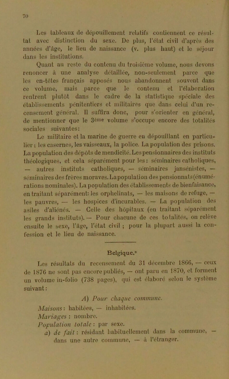 Les lableaiix de dépouillement relatifs contiemient ce résul- tat avec distinction du sexe. De plus, l’élat civil d’après des années d’âge, le lieu de naissance (v. plus haut) et le séjour dans les institutions. Quant au reste du contenu du froisième volume, nous devons renoncer à une analyse détaillée, non-seulement parce que les en-tôtes français apposés nous abandonnent souvent dans ce volume, mais parce que le contenu et l’élaboration rentrent plutôt dans le cadre de la statistique spéciale des établissements pénitentiers et militaires que dans celui d’un re- censement général. 11 suffira donc, pour s’orienter en général, de mentionner que le 3ènie volume s’occupe encore des totalités sociales suivantes: Le militaire et la marine de guerre eu dépouillant en particu- lier ; les casernes, les vaisseaux, la police. La population des prisons. La population des dépôts de mendicité. Les pensionnaires des instituts théologiques, et cela séparément pour les : séminaires catholiques, — autres instituts catholiques, — séminaires jansénistes, — séminaires des frères moraves.Lapopulation des pensionnats(énumé- rations nominales). La population des établissements de bienfaisance, en traitant séparément: les orphelinats, — les maisons de refuge, — les pauvres, — les hospices d’incurables. — La population des asiles d’aliénés. — Celle des hôpitaux (en traitant séparément les grands instituts).— Pour chacune de ces totalités, on relève ensuite le sexe, l’âge, l’état civil ; pour la plupart aussi la con- fession et le lieu de naissance. Belgique.* Les résultats du recensement du 31 décembre 18(‘)G, — ceux de 1870 ne sont pas encore publiés, — ont paru en 1870, et forment un volume in-folio (738 pages), (pii est élaboré selon le système suivant : A) Pour chaque commune. Maisons: habitées, — inhabitées. Mariages : nombre. Population totale : par sexe. a) de fait : résidant habituellement dans la commune, — dans une autre commune, — à l’étranger.