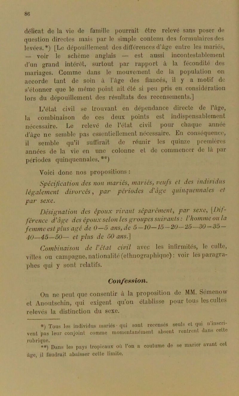 délicat de la vie de Camille pourrait être relevé sans poser de question directes mais par le simple contenu des formulaires des levées. *) [Le dépouillement des différences d’àge entre les mariés, — voir le schème anglais — est aussi incontestablement d’un grand intérêt, surtout par rapport à la fécondité des mariages. Gomme dans le mouvement de la population on accorde tant de soin à l'âge des fiancés, il y a motif de s’étonner que le même point ait été si peu pris en considération lors du dépouillement des résultats des recensements.] L’état civil se trouvant en dépendance directe de l’âge, la combinaison de ces deux points est indispensablement nécessaire. Le relevé de l’état civil pour chaque année d’âge ne semble pas essentiellement necessaire. En conséquence, il semble qu’il suffirait de réunir les quinze premières années de la vie en une colonne et de commencer de là par périodes quimiuennales. **) Voici donc nos propositions : Spécification des non mariés, mariés, veufs légalement divorcés, par périodes d'âge par sexe. et des individus quinquennales et Désignation des époux vivant séparément, par sexe, [Dif- férence d'âge des époux selon les groupes suivants : l’homme ou la femme est plus âgé de 0—5 ans, de 5—10—15—20—25 30 — 35 — 40—45—50— et plus de 50 czhs.J Combinaison de l’état civil avec les infirmités, le culte, villes ou campagne, nationalité (ellmograplii(iuc): voir les paragra- phes qui y sont relatifs. Confession. On ne peut que consentir à la proposition de MM. Sémenow et Anoutschin, qui exigent qu’on établisse pour tous les cultes relevés la distinction du sexe. *) Tous les individus mariés-qui sont recensés seuls cl qui n'inscn- vent pas leur conjoint comme momentanément absent rentrent dans cette rubrique. *•) Dans les pays tropicaux où l’on a coutume de se marier avant cet âge, il faudrait abaisser celte limite.