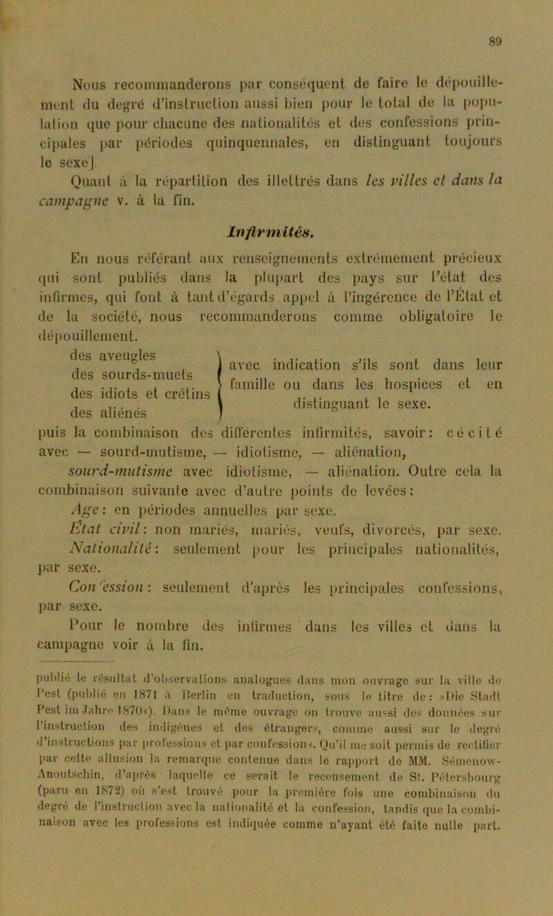 Nous recoiiiluanderoiis par conséquent de faire le dépuuille- nu-nl du degré (rinstnicUun aussi jjien pour le total de lu |)0])ii- lalion (juc pour chacune des nationalités et des confessions prin- cipales par périodes quinquennales, en distinguant toujours le sexe]. Quant à lu répartition des illettrés dans les villes et dans la campagne v. à la fin. avec indication s’ils sont dans leur famille ou dans les hospices et en distinguant le sexe. Infirmités. Eu nous référant aux renseignements extrêmement précieux (|ui sont publiés dans la plu[)art des pays sur Pétat des intirines, qui font à tant d’égards appel à l’ingérence de l’Etat et do la société, nous recommanderons comme obligatoire le déq)oinllement. des aveugles des sourds-muets dos idiots et crétins des aliénés puis la combinaison des dilléronles intirmilés, savoir: cécité avec — sourd-mutisme, — idiotisme, — aliénation, sourd-mutisme avec idiotisme, — aliénation. Outre cela la combinaison suivante avec d'autre points de levées: Age: en périodes annuelles par sexe. lùat civil : non mariés, mariés, veufs, divorcés, par sexe. NalionalUé: seulement pour les principales nationalités, par sexe. Con'ession : seulement d’après les [)iincipalos confessions, par sexe. Pour le nombre des intirmes dans les villes et dans la campagne voir à la tin. le résultal d'observations analogues dans mon ouvrage sur la ville de l’est (publié en 1871 à Herlin eu Ir.aduction, sous le litre de: »I»ie Sladt Pest iiii .labre 1870c). Dans le même ouvrage on trouve an«si des données sur 1 instruction des indigènes et des étranger.-, coinine aussi sur le degré d’instructions par iirofessions et i>ar conl'essioiH. (Ju’il nie soit permis de reclilier par celle allusion la remanpie contenue dans le rapport de MM. Séincnow- Anoulscliiri, d’après laquelle ce serait le recensement de St. Pélersbourg (paru en 1872) où s’est trouvé pour la iiremière fuis une combinaison du ilegré de rinslruclion avec la nationalité et la confession, tandis ipie la combi- naison avec les i»rofessions est indiiiuée comme n’ayant été faite nulle part.