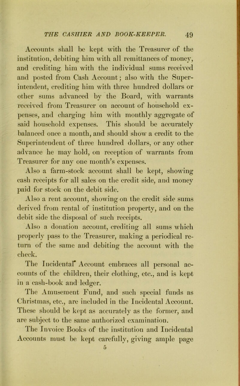 Accounts shall be kept with the Treasurer of the institution, debiting him with all remittances of money, and crediting him with the individual sums received and posted from Cash Account; also with the Super- intendent, crediting him with three hundred dollars or other sums advanced by the Board, with warrants received from Treasurer on account of household ex- penses, and charging him with monthly aggregate of said household expenses. This should be accurately balanced once a month, and should show a credit to the Superintendent of three hundred dollars, or any other advance he may hold, on reception of warrants from Treasurer for any one month’s expenses. Also a farm-stock account shall be kept, showing cash receipts for all sales on the credit side, and money paid for stock on the debit side. Also a rent account, showing on the credit side sums derived from rental of institution property, and on the debit side the disposal of such receipts. Also a donation account, crediting all sums which properly pass to the Treasurer, making a periodical re- turn of the same and debiting the account with the check. The Incidental* Account embraces all personal ac- counts of the children, their clothing, etc., and is kept in a cash-book and ledger. The Amusement Fund, and such special funds as Christmas, etc., are included in the Incidental Account. These should be kept as accurately as the former, and are subject to the same authorized examination. The I nvoice Books of the institution and Incidental Accounts must be kept carefully, giving ample page