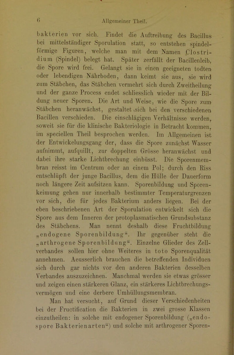 15 bakteriell vor sich. Findet die Auftreibung des Bacillus bei mittelständiger Sporulation statt, so entstehen spindel- förmige Figuren, welche man mit dem Namen Clostri- dium (Spindel) belegt hat. Später zerfällt der Bacillenleib, die Spore wird frei. Gelangt sie in einen geeigneten todten oder lebendigen Nährboden, dann keimt sie aus, sie wird zum Stäbchen, das Stäbchen vermehrt sich durch Zweitheilung und der ganze Process endet schliesslich wieder mit der Bil- dung neuer Sporen. Die Art und Weise, wie die Spore zum Stäbchen heranwächst, gestaltet •sich bei den verschiedenen Bacillen verschieden. Die einschlägigen Verhältnisse werden, soweit sie für die klinische Bakteriologie in Betracht kommen, im speciellen Theil besprochen werden. Im Allgemeinen ist der Entwickelungsgang der, dass die Spore zunächst AVasser aufnimmt, auftpiillt, zur doppelten Grösse heranwächst und dabei ihre starke Lichtbrechung einbiisst. Die Sporenmem- bran reisst im Centrum oder an einem Pol; durch den Riss entschlüpft der junge Bacillus, dem die Hülle der Dauerform noch längere Zeit aufsitzen kann. Sporenbildung und Sporen- keimung gehen nur innerhalb bestimmter Temperaturgrenzen vor sich, die für jedes Bakterium anders liegen. Bei der eben beschriebenen Art der Sporulation entwickelt sich die Spore aus dem Inneren der protoplasmatischen Grundsubstanz des Stäbchens. Man nennt deshalb diese Fruchtbilduns: „endogene Sporenbildung“. Ihr gegenüber steht die „arthrogene Sporenbildung“. Einzelne Glieder des Zell- verbandes sollen hier ohne AVeiteres in toto Sporenqualität annehmen. Aeusserlich brauchen die betreffenden Individuen sich durch gar nichts vor den anderen Bakterien desselben Verbandes auszuzeichnen. Manchmal werden sie etwas grösser und zeigen einen stärkeren Glanz, ein stärkeres Lichtbrechungs- vermögen und eine derbere Umhüllungsmembran. Man hat versucht, auf Grund dieser A^erschiedenheiten bei der Fructification die Bakterien in zwei grosse Klassen einzutheilcn: in solche mit endogener Sporenbildung („endo- spore Bakterienarten“) und solche mit arthrogener Sporen-