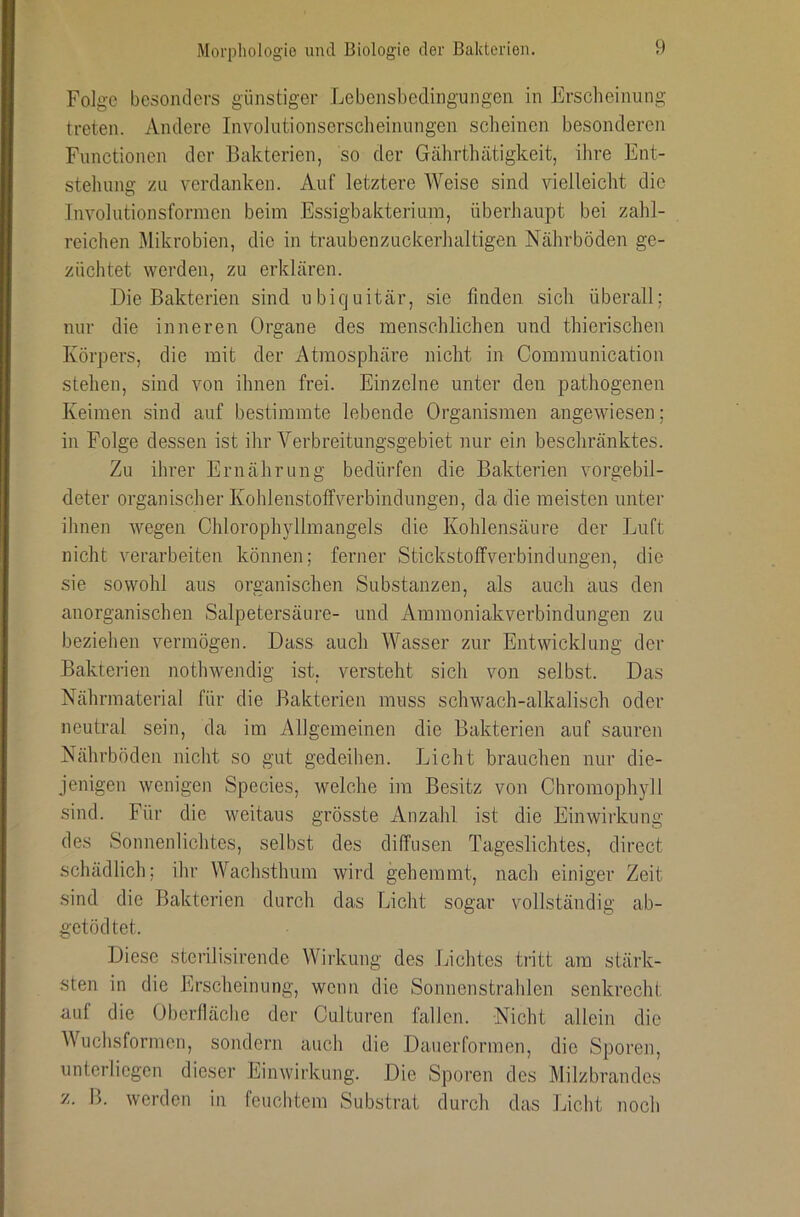 Folge besonders günstiger Lebensbedingungen in Erscheinung treten. Andere Iiwolutionserscheinungen scheinen besonderen Functionen der Bakterien, so der Gährthätigkeit, ihre Ent- stehung zu verdanken. Auf letztere AVeise sind vielleicht die Involutionsformen beim Essighakterium, überhaupt bei zahl- reichen Mikrobien, die in traubenzuckerhaltigen Neährböden ge- züchtet werden, zu erklären. Die Bakterien sind ubiquitär, sie finden sich überall; nur die inneren Organe des menschlichen und thierischen Körpers, die mit der Atmosphäre nicht in Communication stehen, sind von ihnen frei. Einzelne unter den pathogenen Keimen sind auf bestimmte lebende Organismen angewiesen; in Folge dessen ist ihr Verbreitungsgebiet nur ein beschränktes. Zu ihrer Ernährung bedürfen die Bakterien vorgebil- deter organischer Kohlenstoffverbindungen, da die meisten unter ihnen wegen Chlorophyllmangels die Kohlensäure der Luft nicht verarbeiten können; ferner Stickstoffverbindungen, die sie sowohl aus organischen Substanzen, als auch aus den anorganischen Salpetersäure- und Ammoniakverbindungen zu beziehen vermögen. Dass auch Wasser zur Entwicklung der Bakterien nothwendig ist, versteht sich von selbst. Das Nährmaterial für die Bakterien muss schwach-alkalisch oder neutral sein, da im Allgemeinen die Bakterien auf sauren Nährböden nicht so gut gedeihen. Licht brauchen nur die- jenigen wenigen Species, welche im Besitz von Chromophyll sind. Für die weitaus grösste Anzahl ist die Einwirkung des Sonnenlichtes, selbst des diffusen Tageslichtes, direct schädlich; ihr Wachsthum wird gehemmt, nach einiger Zeit sind die Bakterien durch das Licht sogar vmllständig ab- getödtet. Diese sterili.sirende Wirkung des Lichtes tritt am stärk- sten in die Erscheinung, wenn die Sonnenstrahlen senkrecht auf die Oberfläche der Culturen fallen. Nicht allein die Wuchsformen, sondern auch die Dauerformen, die Sporen, unterliegen dieser Einwirkung. Die Sporen des Milzbrandes z. B. werden in feuchtem Substrat durch das Licht noch