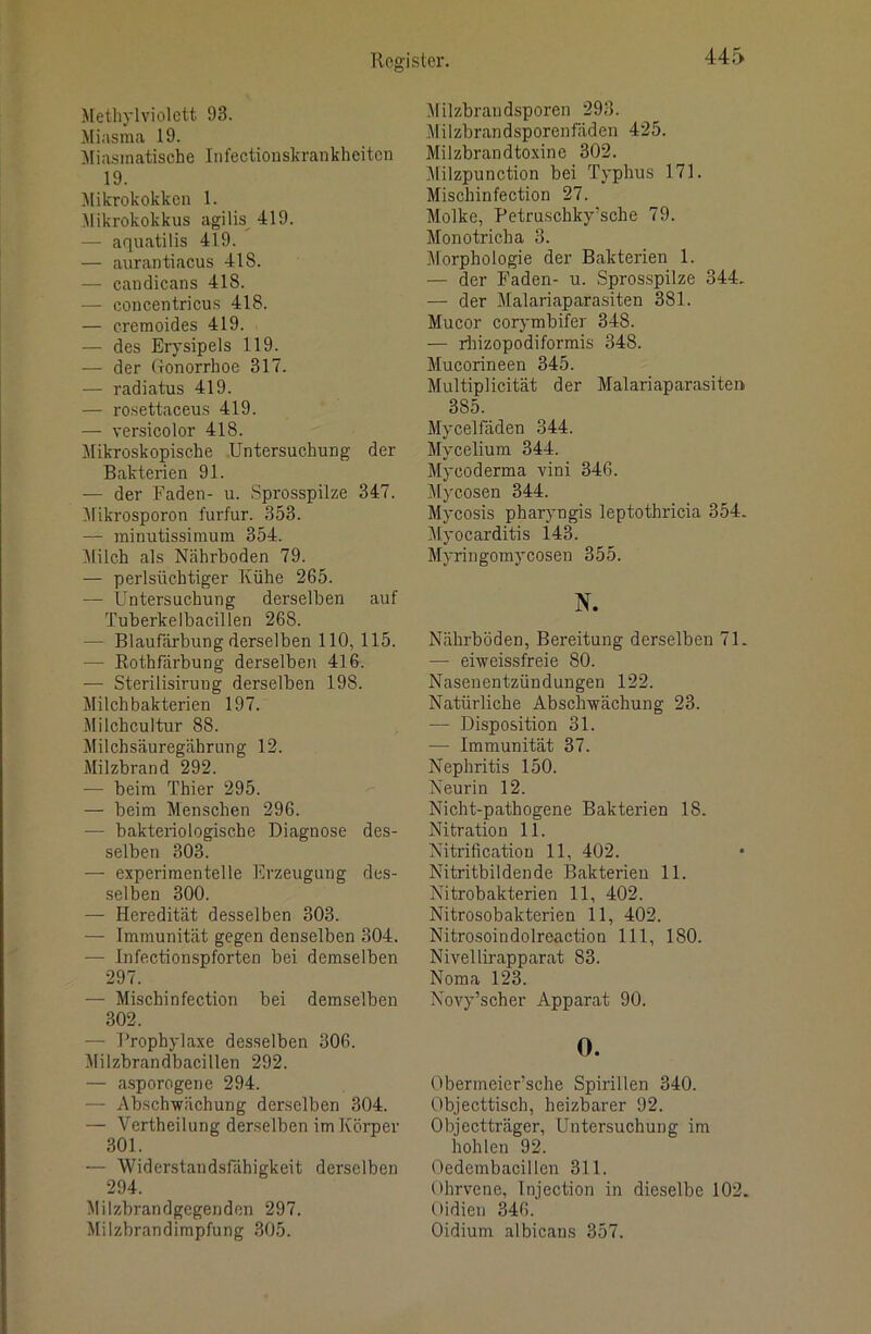 Methylviolctt 93. Miasma 19. ^liasinatische Infectiouskrankheitcn 19. Mikrokokken 1. Mikrokokkus agilis 419. — aquatilis 419. — aurantiacus 418. — candicans 418. — concentricus 418. — eremoides 419. — des Erysipels 119. — der Gonorrhoe 317. — radiatus 419. — rosettaeeus 419. — versicolor 418. Jlikroskopische Untersuchung der Bakterien 91. — der Faden- u. Sprosspilze 347. ^likrosporon furfur. 353. — minutissimum 354. Milch als Nährboden 79. — perlsüchtiger Kühe 265. — Untersuchung derselben auf Tuberkelbacillen 268. — Blaufärbung derselben 110, 115. — Rothfdrbung derselben 416. — Sterilisiruug derselben 198. Milchbakterien 197. Milchcultur 88. Milchsäuregährung 12. Milzbrand 292. — beim Thier 295. — beim Menschen 296. — bakteriologische Diagnose des- selben 303. — experimentelle Erzeugung des- selben 300. — Heredität desselben 303. — Immunität gegen denselben 304. — Infectionspforten bei demselben 297. — Mischinfection bei demselben 302. — Prophylaxe desselben 306. Milzbrandbacillen 292. — asporogene 294. — Abschwächung derselben 304. — Vertheilung derselben im Körper 301. — Widerstandsfähigkeit derselben 294. Milzbrandgegenden 297. Milzbrandimpfung 305. Milzbrandsporen 293. M i 1 zbran d sp ore n fäd en 425. Milzbrandtoxine 302. ^lilzpunction bei Typhus 171. Mischinfection 27. Molke, Petruschky’sche 79. Monotricha 3. Morphologie der Bakterien 1. — der Faden- u. Sprosspilze 344. — der Malariaparasiten 381. Mucor corj’mbifer 348. — rhizopodiformis 348. Mucorineen 345. Multiplicität der Malariaparasiten 385. Mycelfäden 344. Mycelium 344. Myeoderma vini 346. Mycosen 344. Mycosis pharyngis leptothricia 354. Myocarditis 143. Myringomycosen 355. N. Nährböden, Bereitung derselben 71. — eiweissfreie 80. Naseuentzündungen 122. Natürliche Abschwächung 23. — Disposition 31. •— Immunität 37. Nephritis 150. Neurin 12. Nicht-pathogene Bakterien 18. Nitration 11. Nitrification 11, 402. ♦ Nitritbildende Bakterien 11. Nitrobakterien 11, 402. Nitrosobakterien 11, 402. Nitrosoindolreaction 111, 180. Nivellirapparat 83. Noma 123. Novy’scher Apparat 90. O. Obermeier’sche Spirillen 340. Objecttisch, heizbarer 92. Objectträger, Untersuchung im hohlen 92. Oedembacillen 311. Ohrvene, Injection in dieselbe 102. Oidien 346. Oidium albicans 357.
