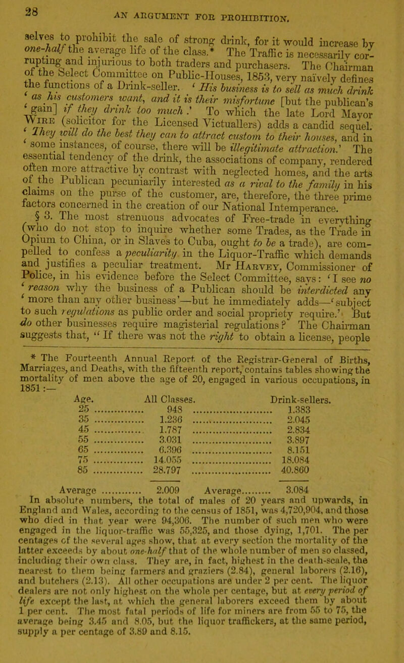 AN ARGUMENT FOR PROHIBITION. T 7 7?M,pr0lublt 1 r.Sale ,of stron dHnk- for it would increase by one-lial) the average life of the class.’ The Traffic is necessarily cor- rupting and miunous to both traders and purchasers. The Chairman ot the Select Committee on Public-Houses, 1853, very naively defines t le functions of a Drink-seller. ‘ His business is to sell as milch drink . as.h!f customers want, and it is their misfortune [but the publican’s gain] if they drink loo much To which the late Lord Mayor YVire (solicitor for the Licensed Victuallers) adds a candid sequel. Iney will do the best they can to attract custom to their houses, and in some instances, of course, there will be illegitimate attraction.' The essential tendency of the drink, the associations of company, rendered often more attractive by contrast with neglected homes, and the arts ot the I ublican pecuniarily interested as a rival to the family in his claims on the purse of the customer, are, therefore, the three prime factors concerned in the creation of our National Intemperance. § 3. The most strenuous advocates of Free-trade in everythin^ (who do not. stop to inquire whether some Trades, as the Trade in Opium to China, or in Slaves to Cuba, ought to be a trade), are com- pelled to confess a peculiarity in the Liquor-Traffic which demands and justifies a peculiar treatment. Mr Harvey, Commissioner of Police, in his evidence before the Select Committee, says: ‘ I see no ‘reason why the business of a Publican should be interdicted any more than any other business’—but he immediately adds—‘subject to such regulations as public order and social propriety require.’* But do other businesses require magisterial regulations ? The Chairman suggests that, u If there was not the right to obtain a license, people * The Fourteenth Annual Rpport. of the Registrar-General of Births, Marriages, and Deaths, with the fifteenth report,'contains tables showing the mortality of men above the age of 20, engaged in various occupations, in Age. 25 35 45 55 , 65 , 75 . 85 . 11 Classes. Drink-sellers. 948 1.383 1.236 2.045 1.787 2.834 3.031 3.897 6.396 8.151 14.055 18.084 28.797 40.860 Average 2.009 Average 3.084 In absolute numbers, the total of males of 20 years and upwards, in England and Wales, according to the census of 1851, was 4,720,904, and those who died in that year were 94,306. The number of such men who were engaged in the liquor-traffic was 55,325, and those dying, 1,701. The per centages of the several ages show, that at every section the mortality of the latter exceeds by about one-half that of the whole number of men so classed, including their own class. They are, in fact, highest in the death-scale, the nearest to them being farmers and graziers (2.84), general laborers (2.16), and butchers (2.13). All other occupations are under 2 per cent The liquor dealers are not only highest on the whole per centage, but at every period, of life except the lust, at, which the general laborers exceed them by about 1 per cent. The most fatal periods of life for miners are from 55 to 75, the average being 3.45 and 8.05, but the liquor traffickers, at the same period, supply a per centage of 3.89 and 8.15.