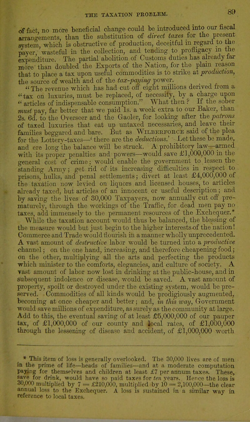 the taxation problem. of fact no more beneficial change could be introduced into our fiscal arrangements, than the substitution of direct taxes for the present system, which is obstructive of production, deceitful in regard to the payer, wasteful in the collection, and tending to profligacy m the expenditure. The partial abolition of Customs duties has already tar more than doubled the Exports of the Nation, for the plain reason that to place a tax upon useful commodities is to strike at production, the source of wealth and of the tax-paying power. « The revenue which has had cut oft' eight millions derived from a “ tax on luxuries, must be replaced, of necessity, by a charge upon “ articles of indispensable consumption.” What then ? If the sober must pay, far better that we paid Is. a week extra to our Baker, than 2s. 6d. to the Overseer and the Gaoler, for looking after the patrons of taxed luxuries that eat up untaxed necessaries, and leave their families beggared and bare. But as Wilber force said of the plea for the Lottery-taxes—' there are the deductions.’’ Let these be made, and ere long 'the balance will be struck. A' prohibitory law—armed with its proper penalties and powers—would save £1,000,000 in the general cost of crime; would enable the government to lessen the standing Army; get rid of its increasing difficidties in respect to prisons, hulks, and penal settlements; divert at least £4,000,000 of the taxation now levied on liquors and licensed houses, to articles already taxed, but articles of an innocent or useful description; and by saving the lives of 30,000 Taxpayers, now annually cut off pre- maturely, through the workings of the Traffic, for dead men pay no taxes, add immensely to the permanent resources of the Exchequer.* While the taxation account ivould thus be balanced, the blessing of the measiu’e would but just begin to the higher interests .of the nation! Commerce and Trade would flourish in a manner wholly unprecedented. A vast amount of destructive labor would be tinned into a productive channel; on the one hand, increasing, and therefore cheapening food; on the other, multiplying all the arts and perfecting the products which minister to the comforts, elegancies, and culture of society. A vast amount of labor now lost in drinking at the public-house, and in subsequent indolence or disease, would be saved. A vast amount of property, spoilt or destroyed under the existing system, would be pre- served. Commodities of all kinds would be prodigiously augmented, becoming at once cheaper and better; and, in this way, Government would save millions of expenditure, as surely as the community at large. Add to this, the eventual saving of at least £5,000,000 of our pauper tax, of £1,000,000 of our county and local rates, of £1,000,000 through the lessening of disease and accident, of £1,000,000 worth * This item of loss is generally overlooked. The 30,000 lives are of men in the prime of life—heads of families—and at a moderate computation paying for themselves and children at least £7 per annum taxes. These, save for drink, would have so paid taxes for ten years. Hence the loss is 30,000 multiplied by 7 = £210,000, multiplied by 10 = 2,100,000—the clear annual loss to the Exchequer. A loss is sustained in a similar way in reference to local taxes.