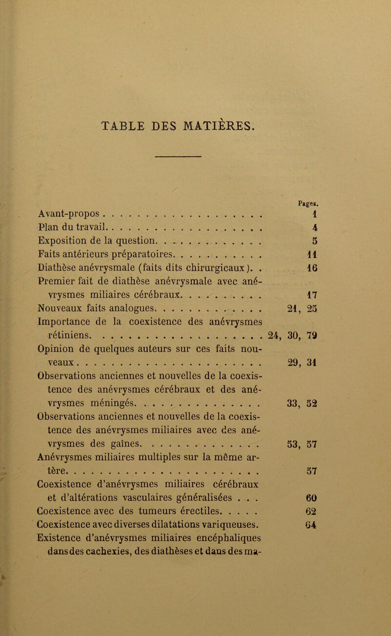 TABLE DES MATIÈRES. Pages. Avant-propos 1 Plan du travail 4 Exposition de la question 5 Faits antérieurs préparatoires il Diathèse anévrysmale (faits dits chirurgicaux). . 16 Premier fait de diathèse anévrysmale avec ané- vrysmes miliaires cérébraux 17 Nouveaux faits analogues 21, 25 Importance de la coexistence des anévrysmes rétiniens 24, 30, 79 Opinion de quelques auteurs sur ces faits nou- veaux 29, 31 Observations anciennes et nouvelles de la coexis- tence des anévrysmes cérébraux et des ané- vrysmes méningés 33, 52 Observations anciennes et nouvelles de la coexis- tence des anévrysmes miliaires avec des ané- vrysmes des gaines 53, 57 Anévrysmes miliaires multiples sur la même ar- tère 57 Coexistence d’anévrysmes miliaires cérébraux et d’altérations vasculaires généralisées ... 60 Coexistence avec des tumeurs érectiles 62 Coexistence avec diverses dilatations variqueuses. 64 Existence d’anévrysmes miliaires encéphaliques dansdes cachexies, des diathèses et dans des ma-